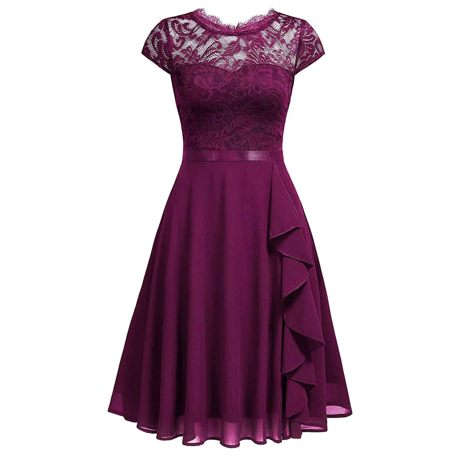 Vestido de invitado de boda para mujer, vestido de encaje elegante con manga corta, volantes, vestido de fiesta, hasta la rodilla, vestido de noche, vestido de cóctel, para boda, baile de graduación