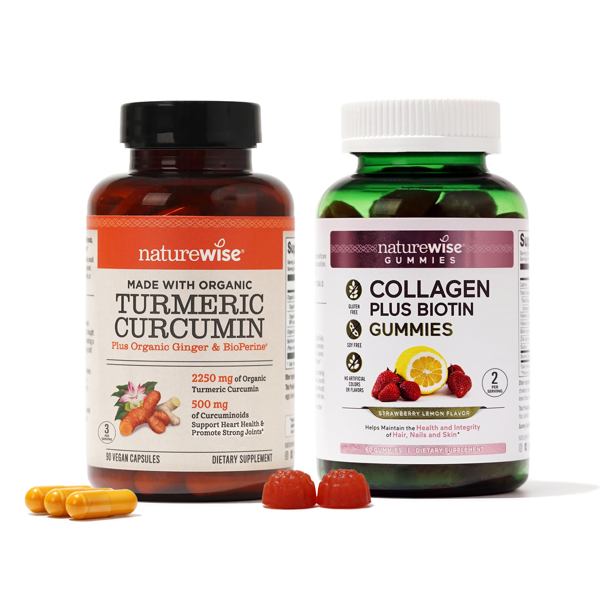NatureWise Curcumin Turmeric 2250mg w/Black Pepper, 95% Curcuminoids Capsules, 90-Count + Collagen Gummies with Biotin & Vitamin C E, 60-Count - Bundle for Join