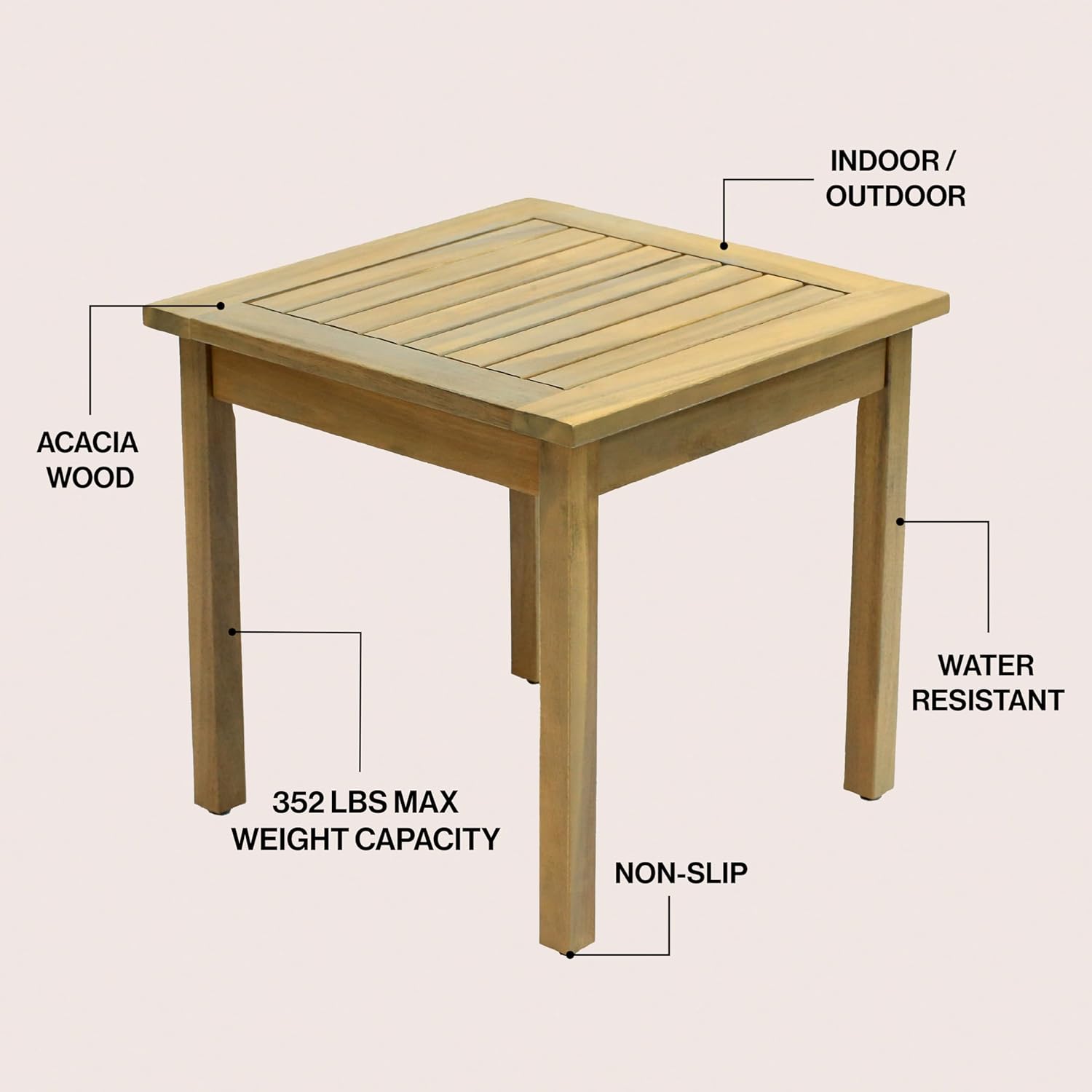 JONATHAN Y END6000T Archer 18.9" Modern Classic Square Slatted Solid Acacia Wood Indoor/Outdoor Adirondack Side Table for Patio, Garden, Bathroom, Living Room, Light Teak