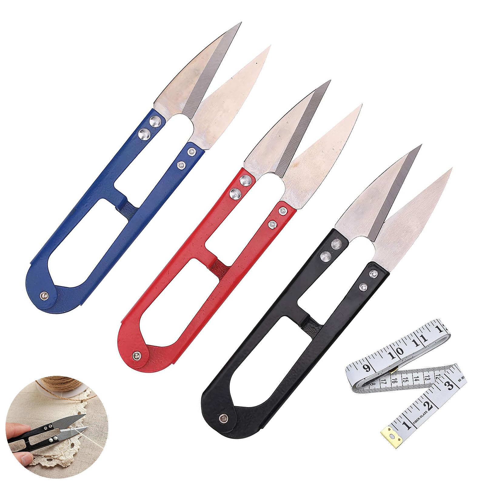 3 PCS Thread Snips, U Sewing Scissors Clippers, Sewing Scissors, Yarn Thread Cutter, for Stitch, Craft & DIY Supplies(Black + Red + Blue)