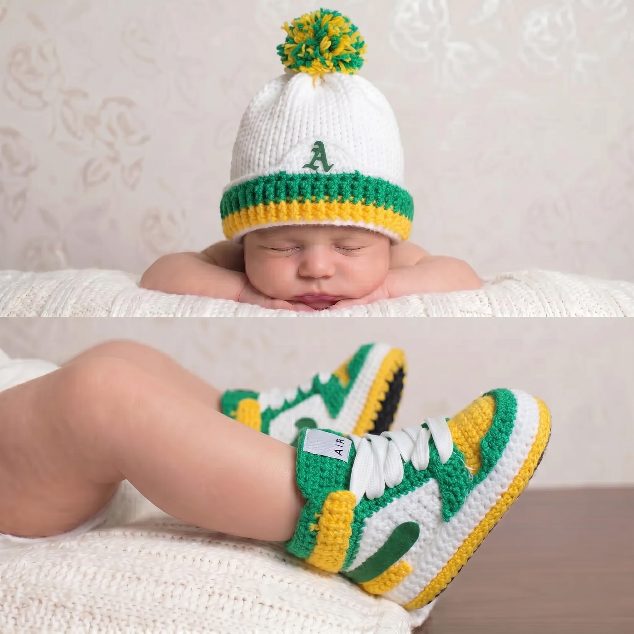Häkel Baby Sneaker Booties Mützen Set, Jordan-Stil Grün Gelb Weiß Babyschuhe für Jungen und Mädchen, Neugeborene Kleinkinder Lauflerner, 0-3M 3-6M 6-9M 9-12M, Geschenk zur Geburt