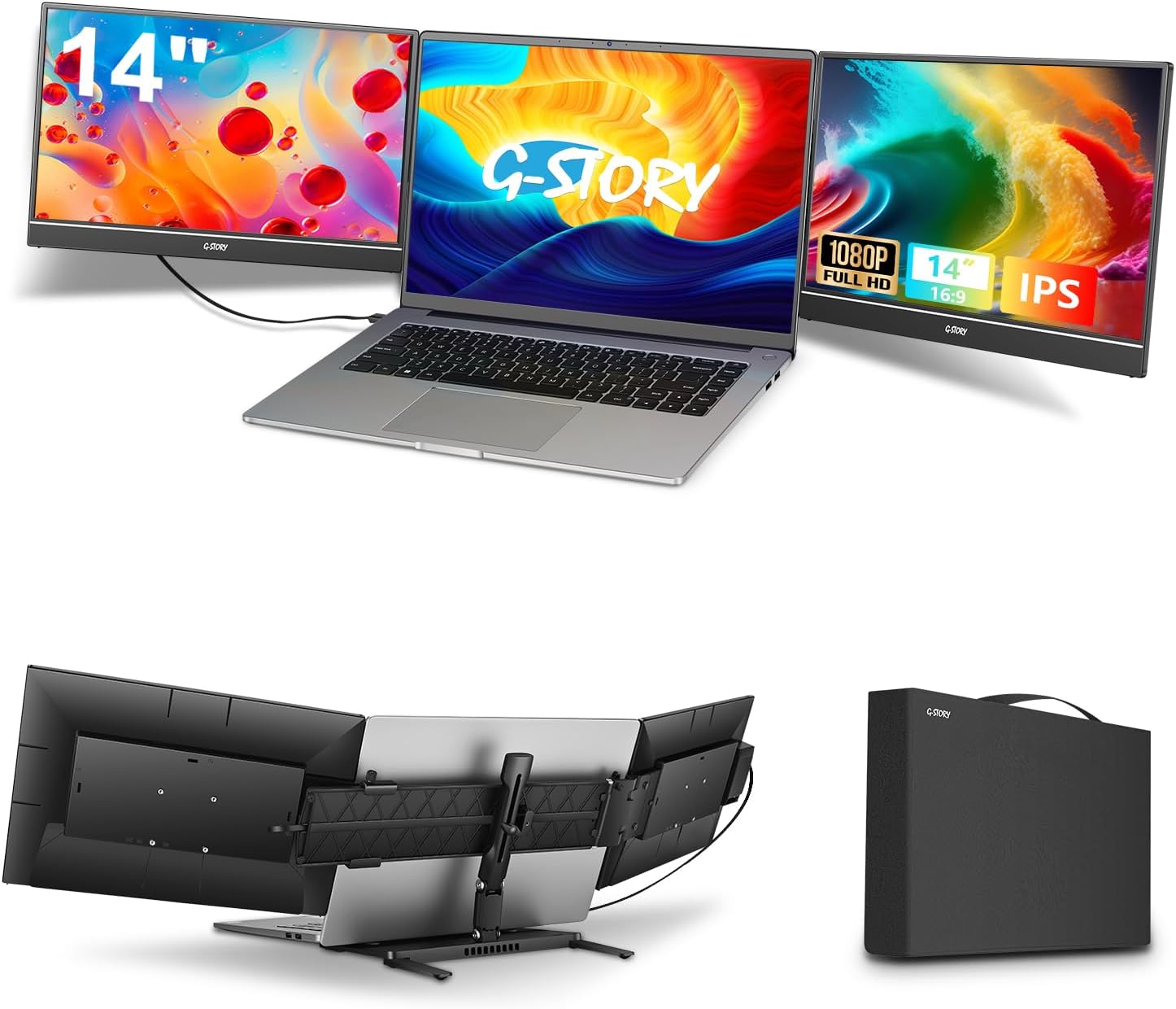 G-STORY Triple Laptop Screen Extender, 14" FHD 1080P Portable Laptop Extended Monitor, One Cable Connect Dual Screen Monitor Compatible with Mac/Windows Fits 13"-17.3" Laptops