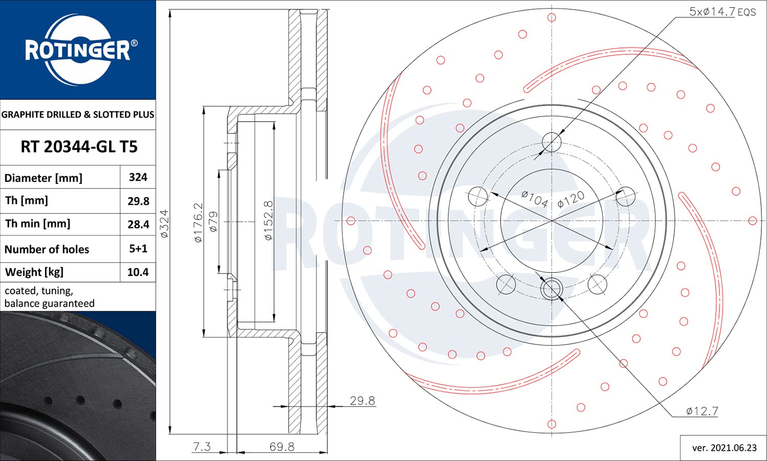 ROTINGER Rotori disco freno (asse anteriore, Set di 2 pezzi) Con rivestimento anticorrosione, RT 20344-GL T5