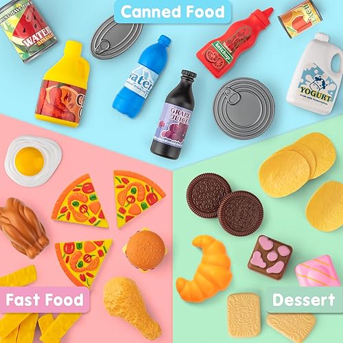 Miniatura 3 de Juego de 55 piezas de alimentos para juegos de comestibles con cesta de la compra para niños pequeños de 1-3, 4-8, accesorios de cocina de plástico,