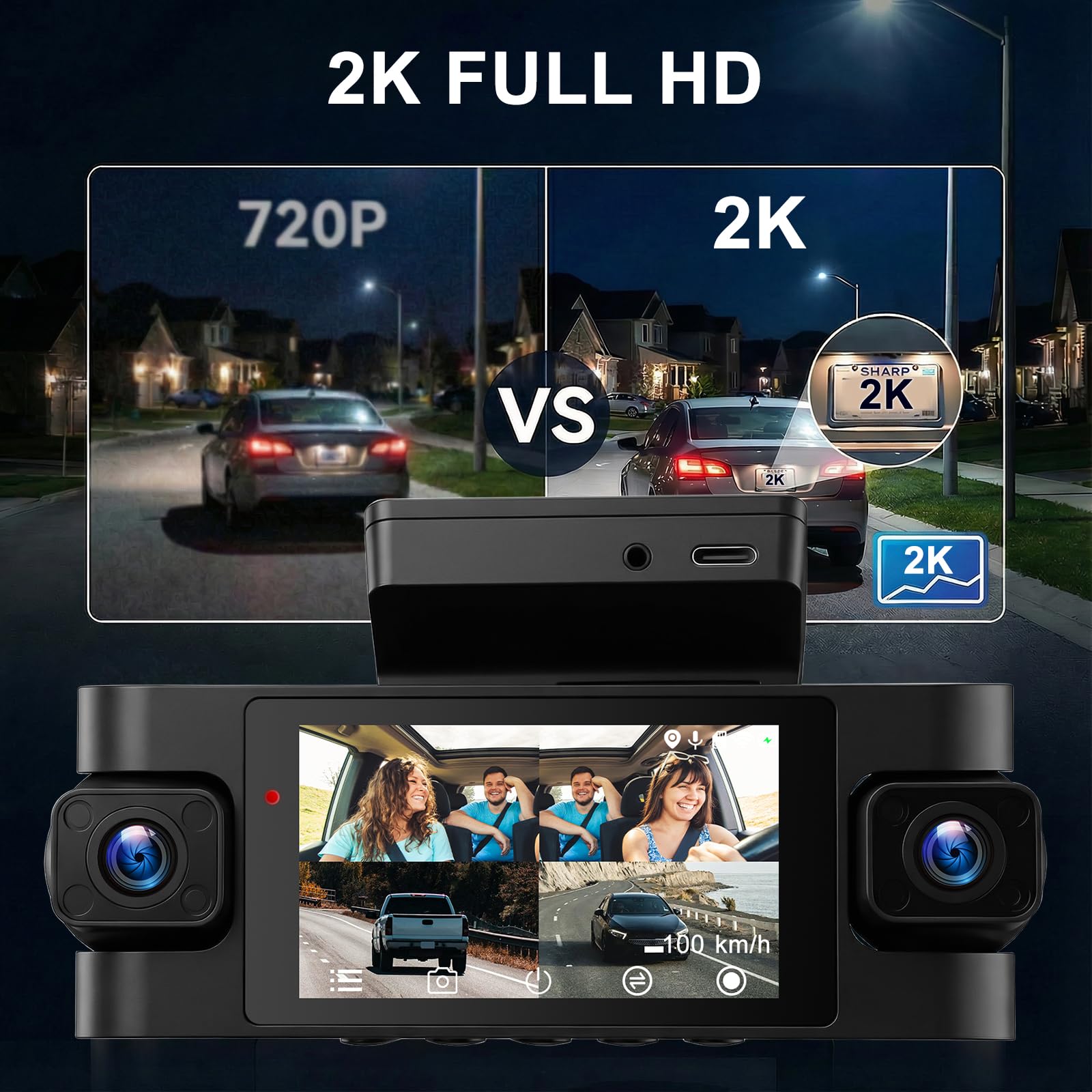 Dash Cam Auto 360 Gradi, 4 Canali Telecamera Frontale Retro e Interna con GPS e 5G WiFi, 2K+3 * 1080P, Schermo IPS da 3 Pollici, Visione Notturna, Modalità Parcheggio 24/7, G-Sensore