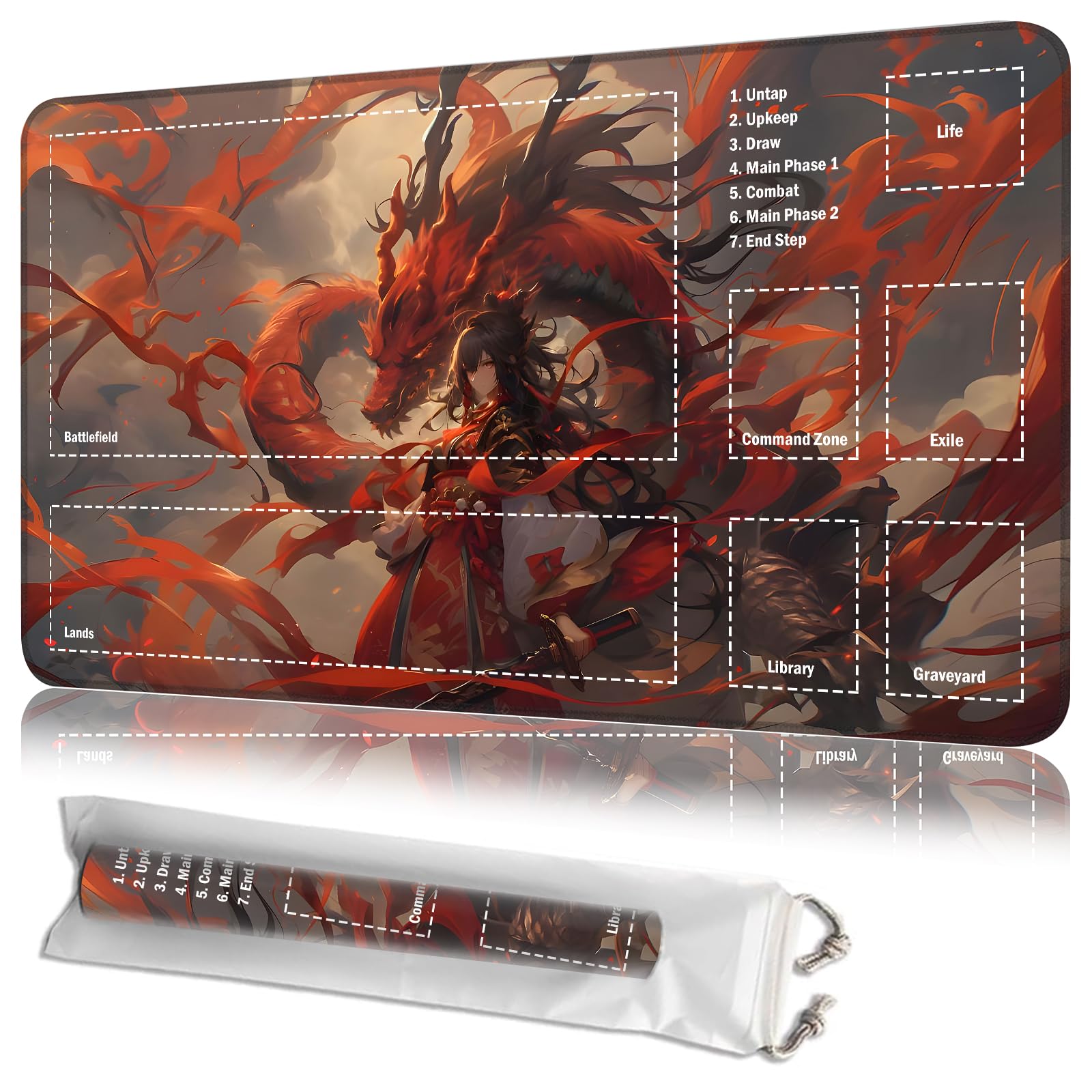 JANENFNA Playmat 24" x 14" with Magic Zones for MTG Card Game Playing, Board Game Mat for Card Breaking Commander Deck Gaming Card Game Battles Mat with Storage Bags, Oriental Dragon — image 1