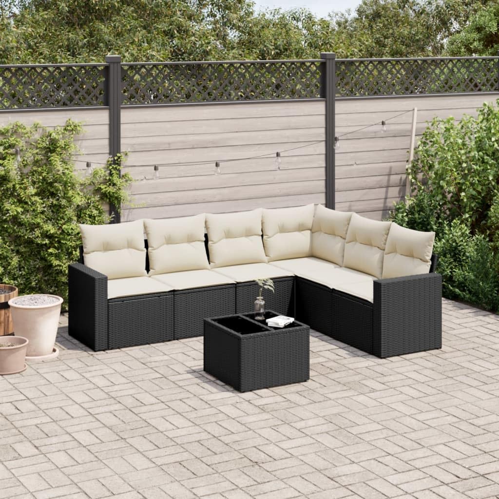 Ensemble de canapé de jardin 7 pièces avec coussins en polyrotin noir, salon modulaire pour terrasse, balcon, véranda, ensemble de meubles d'extérieur résistant aux intempéries avec espace de