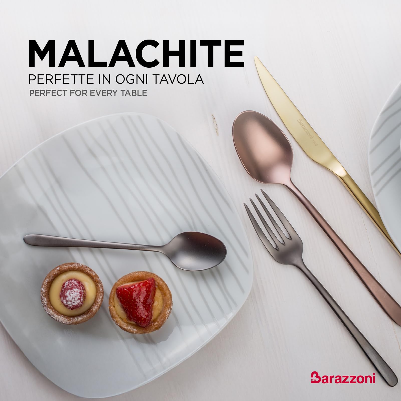 Barazzoni, Set di Posate da Tavola Malachite Bronzo, Monoblocco in acciaio inox 18/10, per 6 persone, 24 pezzi: 6 forchette, 6 cucchiai, 6 coltelli, 6 cucchiaini da tè