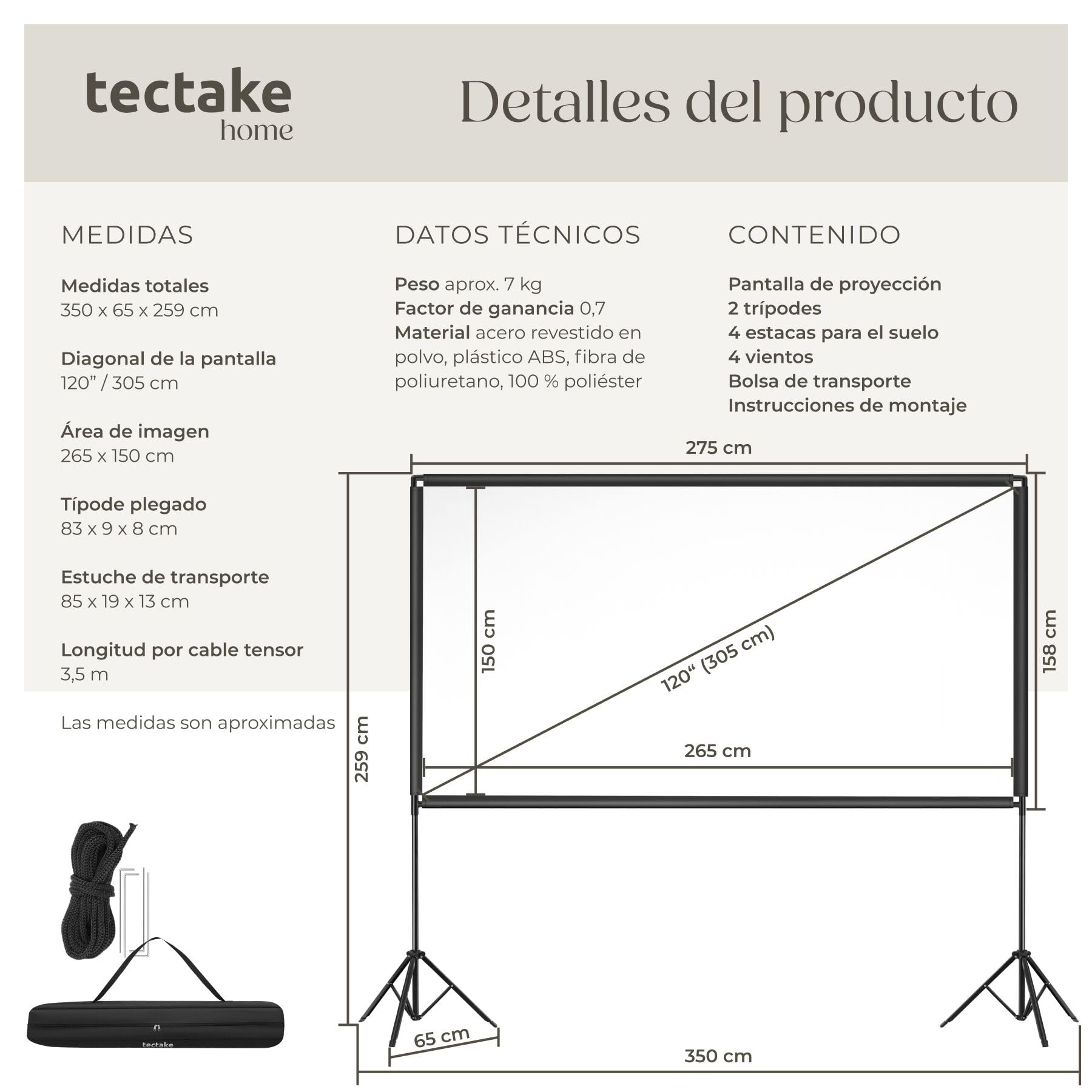 tectake® Pantalla Proyector 121 Pulgadas 16:9 Portátil, Pantalla para Proyector HD, Tela para Proyector Resistente, Plegable, Bolsa de Transporte - 368 x 259 cm