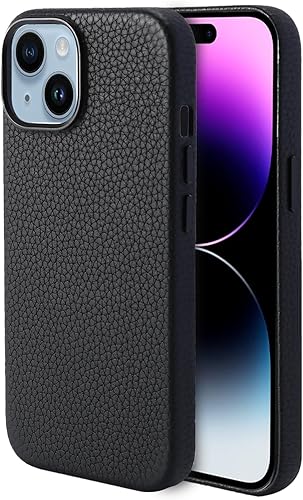 Funda de cuero genuino para iPhone 15 (6.1 pulgadas) Funda magnética de cuero de grano superior Litchi - Compatible con Magsafe - Negro