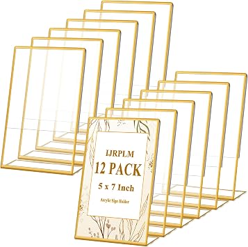 12 Pcs Acrylic Sign Holder, Gold Slant Back Sign Holder, 5 x 7 Inch | Gold Table Sign Holder, L Shape Display Stand, Sign Holders for Wedding Table Number Photo Display Restaurants & Art Displays