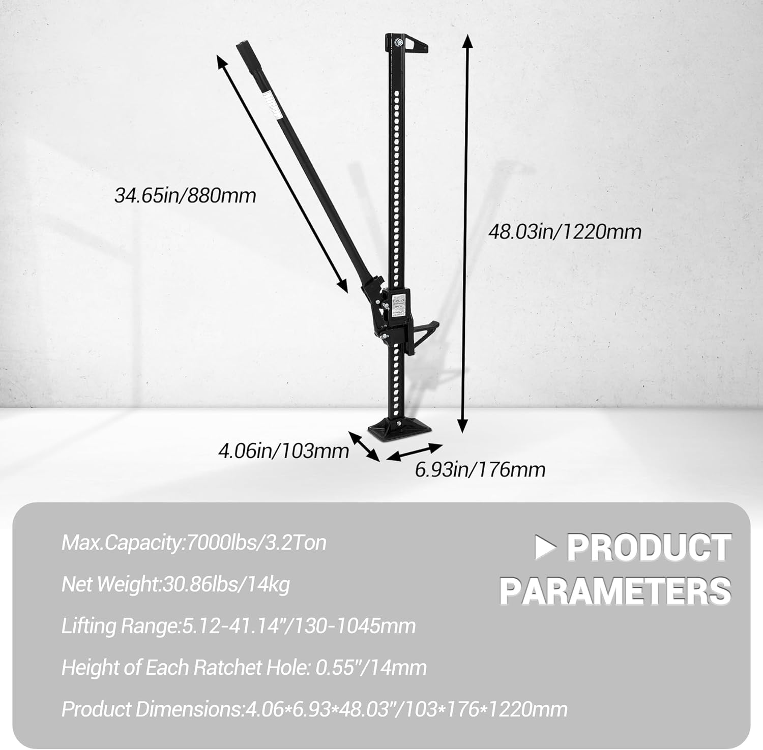 48" Farm Jack, 3 Ton Capacity Ratcheting Off Road, Utility Heavy-Duty F-arm J-ack for Tractor, Truck, SUV, Lift Height 5.12-41.14 inches