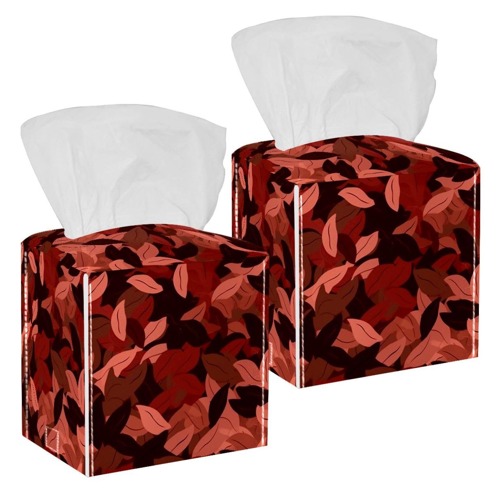 Artistic Leaves Tissue Box Cover, 2 Pack PU Leather Square Facial Tissue Dispenser Box holder for Home Office Car