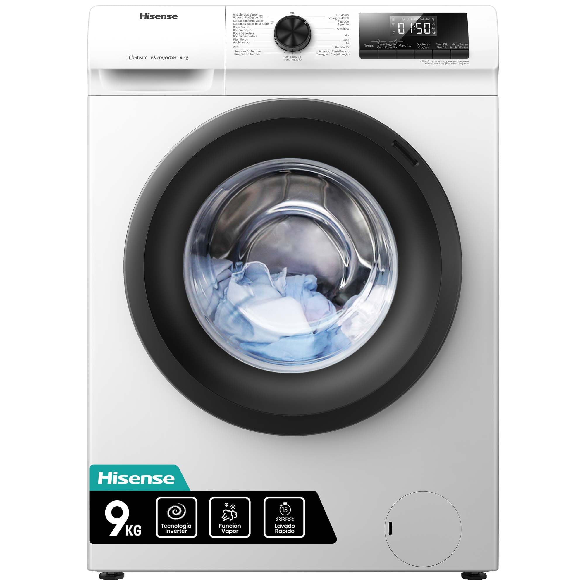 Hisense WFQP901418VM - Lavadora con Vapor, Carga Frontal 9 Kg Lavado, 1400 rpm, Sistema Antibalanceo, Puerta XL, Gran Display LED, Blanco Etiqueta Energética