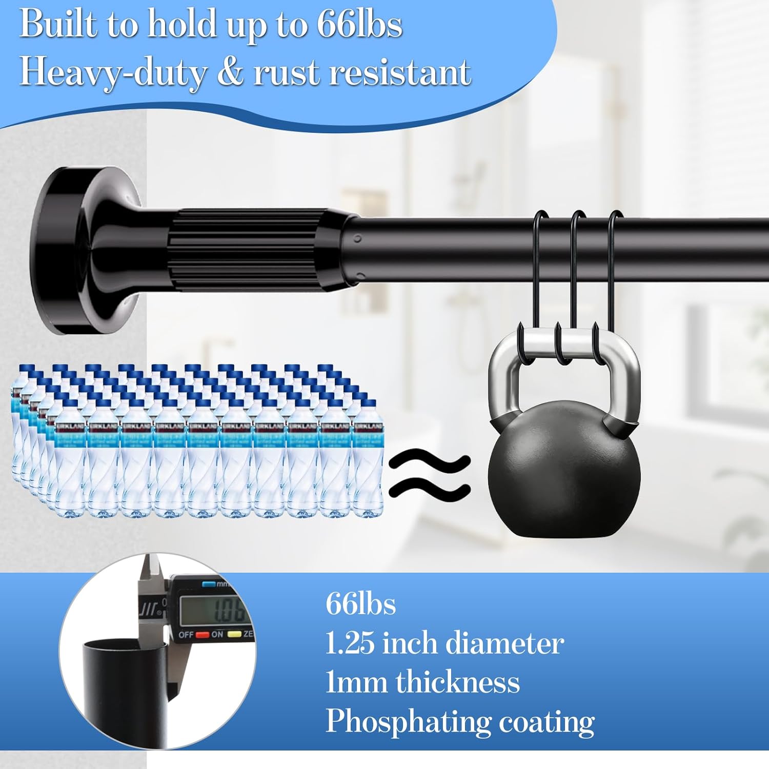 KASURE Tension Curtain Rod 45 to 120 Inch Shower Curtain Rod NO Drilling Extra Long Tension Rod Easy to install Shower Rod for Closet Bathroom Heavy Duty Outdoor Curtain Rods for Windows Black