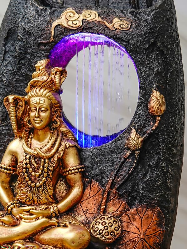 Image of CHRONIKLE Golden Brown Polyresin Tabletop Lord Shiv Indoor Water Fountain for Home Decor with LED, Speed ​​Control Pump (Size: 37 x 28 x 56 CM | Weight: 2900Gram)
