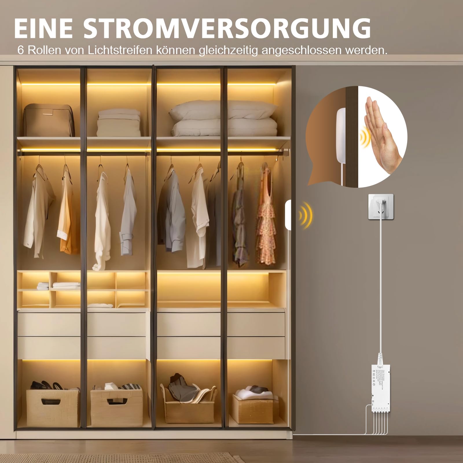 AIMENGTE COB LED Strip 2m, 6 Rollen 12V Warmweiß Akustikpaneele Schneidbar COB LED Streifen, with Berühren und Hand Sweep Dimmer Schalten, für Weinschränke, Regale, Schränke, Küche Beleuchtung