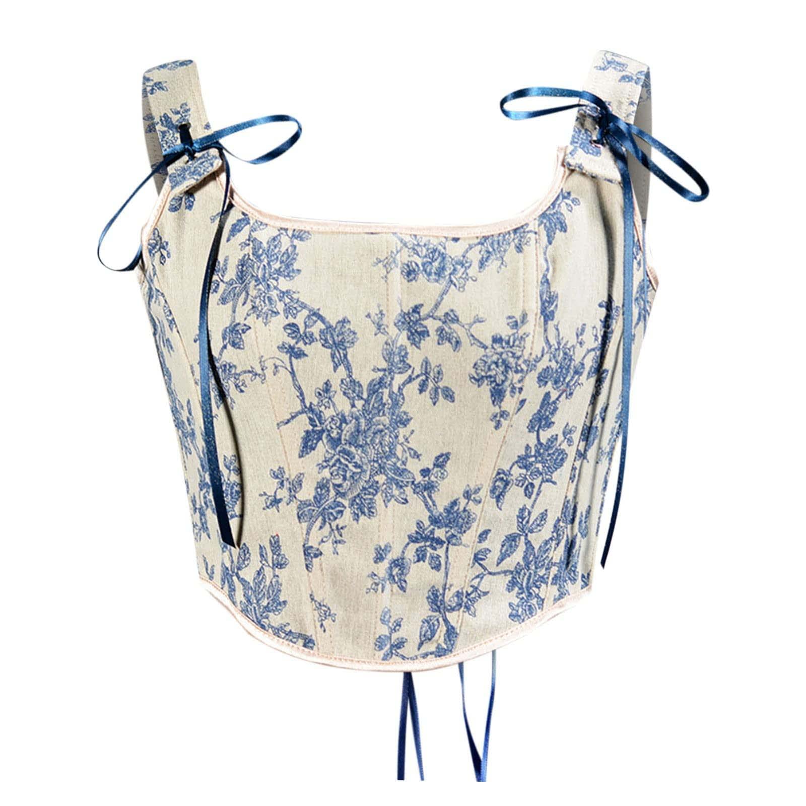 Donne Vintage floreale stampa gilet fiore ricamo modello stretto coulisse Tie-up serbatoio Bustier Corsetto