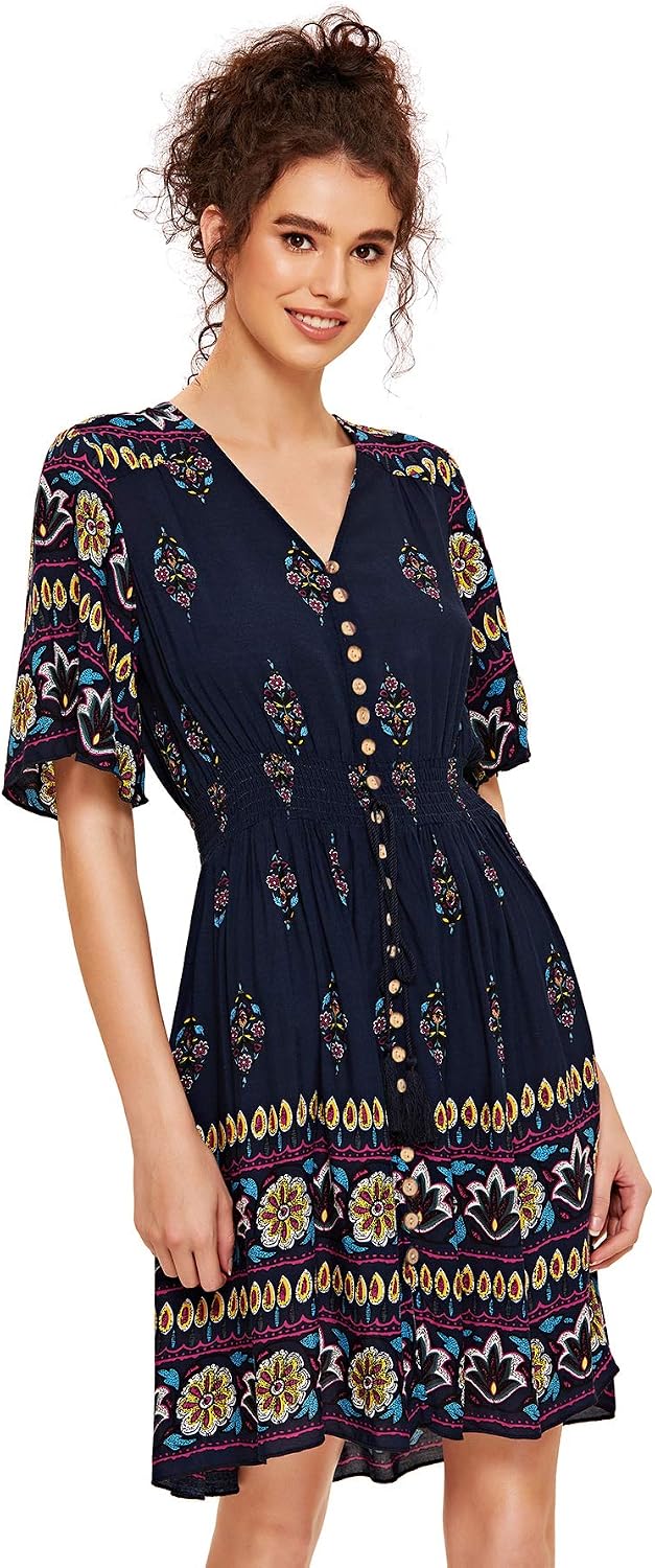 Milumia Women's Boho Button Up Split Floral Print Flowy Party Dress