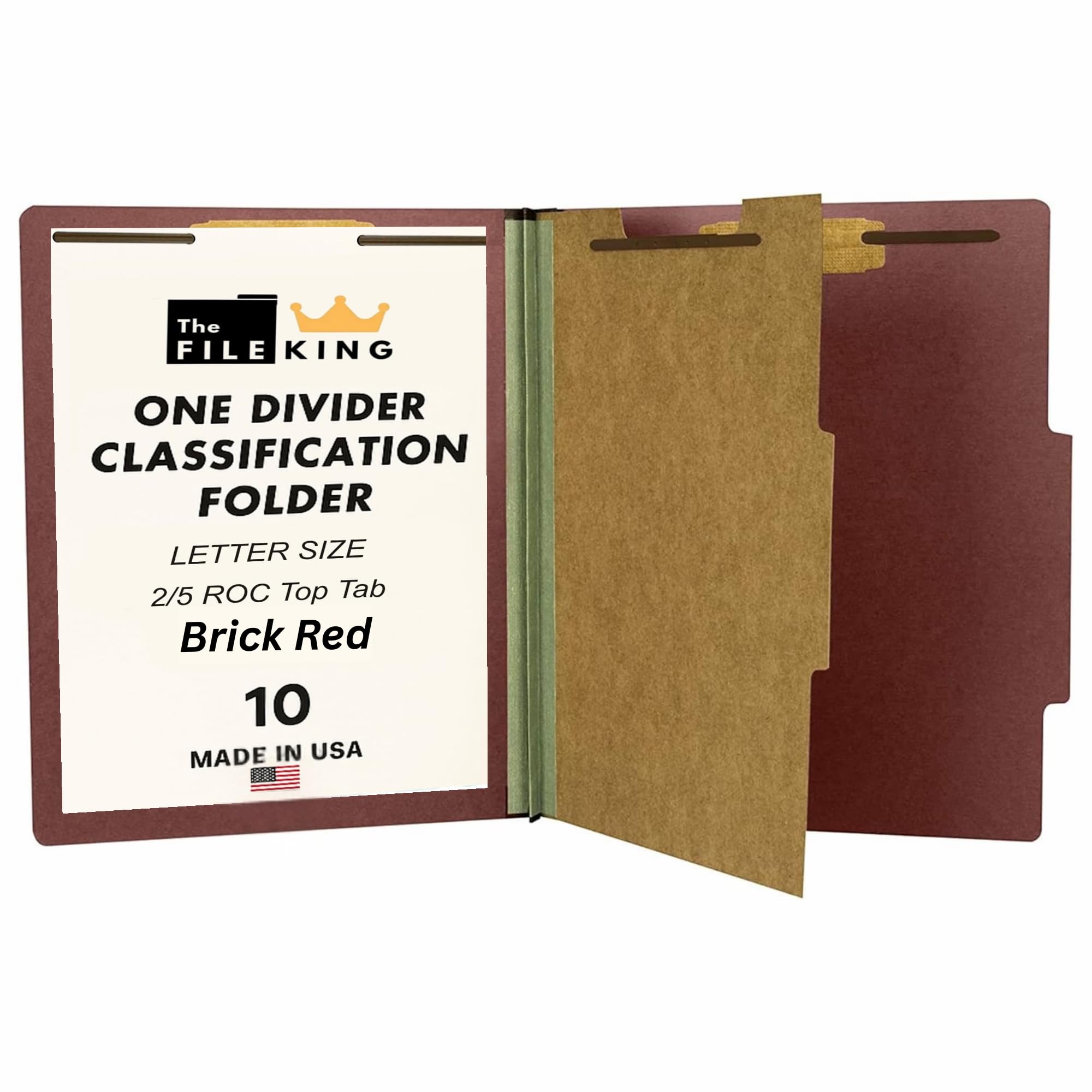 The File King One Divider Brick Red Pressboard Classification File Folder - Letter Size | Box of 10 | Top Tab | 2” Expansion | Four 2-Inch Durable