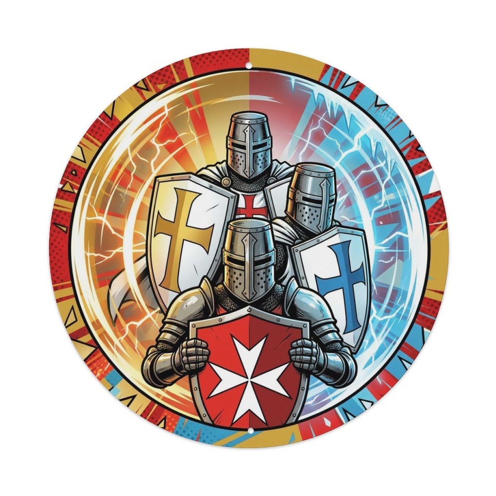 Christian Warrior Paladin Templar Knight Sacred Shield Medieval Metal Tin Sign Plaque Wall Decor for Cafe, Man Cave, Club Bar, Office, Home Garden Round Metal Poster 8x8Inch