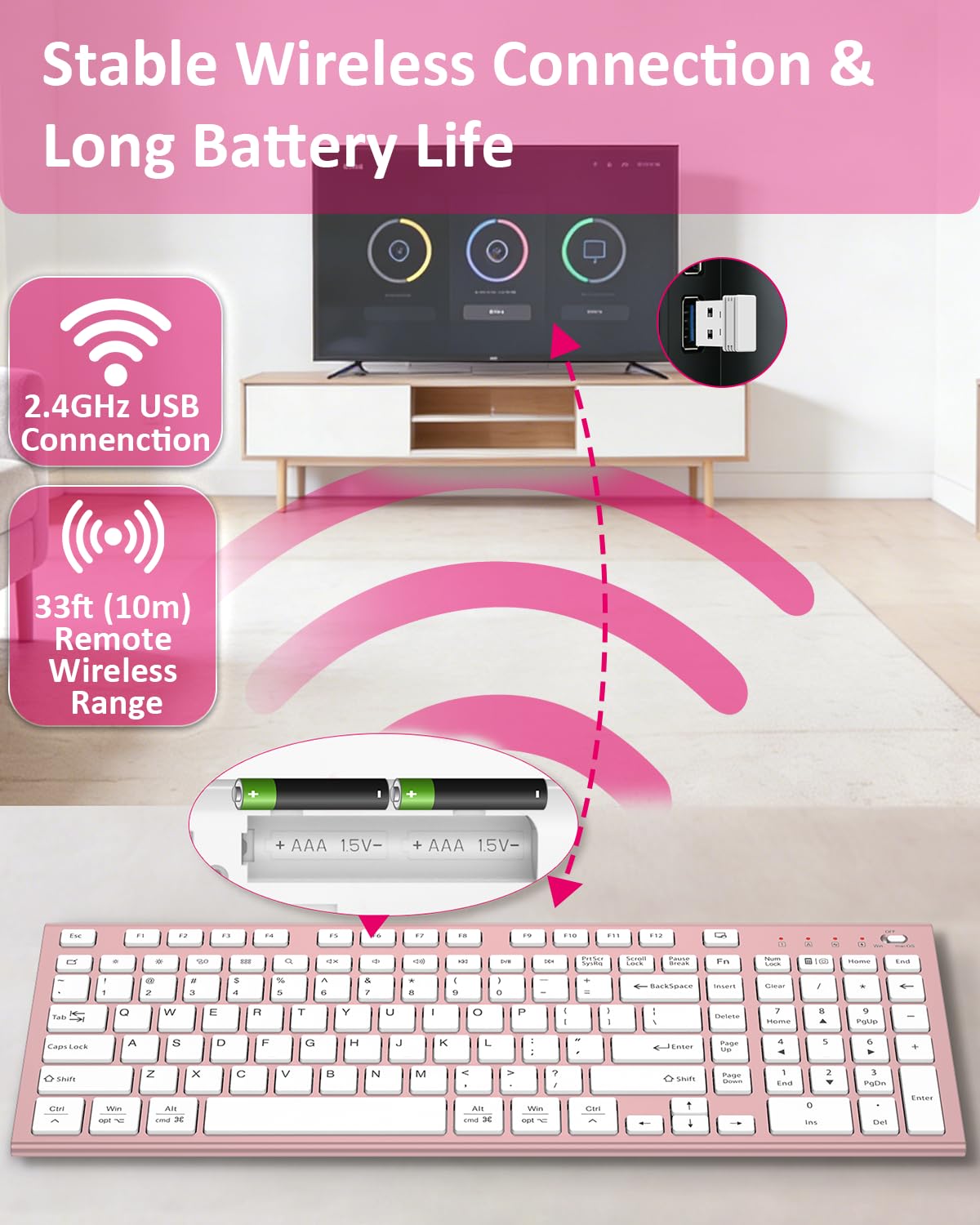FENIFOX Wireless Silent Keyboard, Ultra Quiet USB C Low Profile Compact Full Size with Number Pad Flat Slim Thin Soft Touch for Mac Computer MacBook iMac PC Laptop Desktop Office (Pink Rose Gold) — view 6
