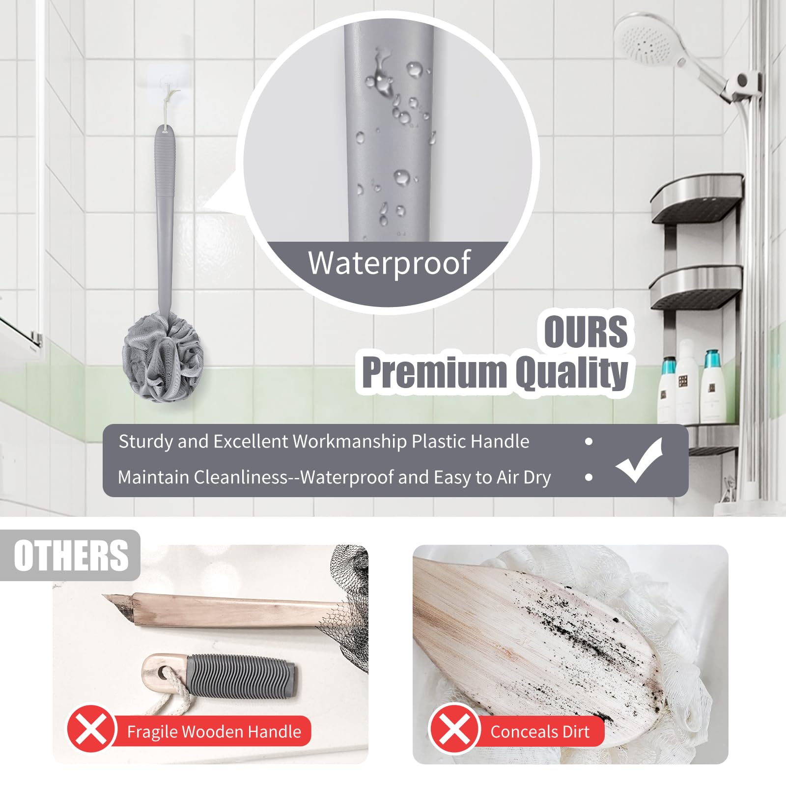 VANZAVANZU Set di Spugne di Luffa, Esfoliante Corpo, Manico di Plastica Antiscivolo da 17" con Spugna da Doccia Soffice, Spugne da Doccia in Morbida Rete PE-Grigio con bordo bianco