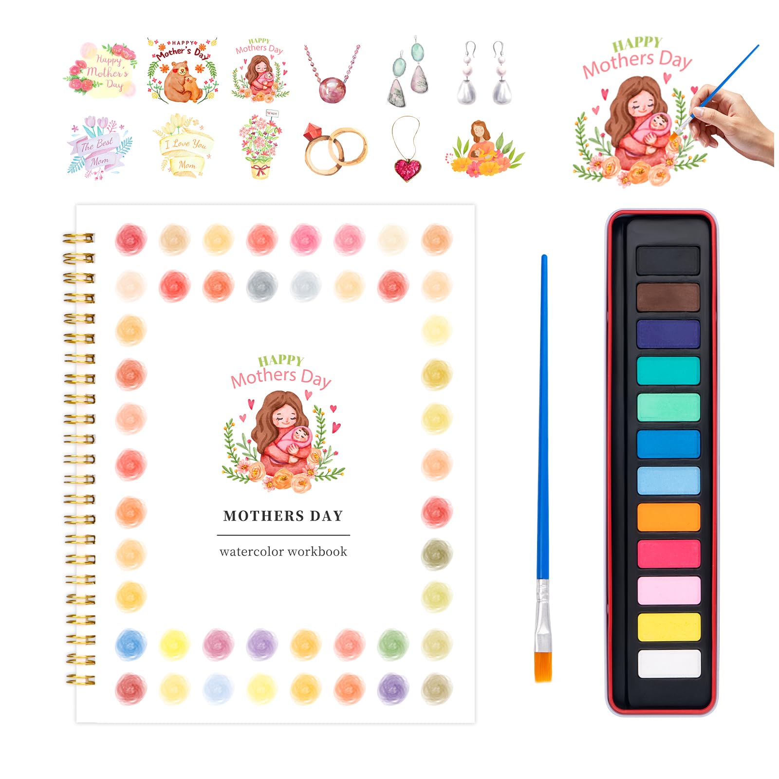 Mother's Day Watercolor Workbook for Adults, Beginner Friendly Watercolor Painting Kit Water Coloring Book, Nature-Themed Practice Art Gift Water Color Paint Book with Palette and Brush