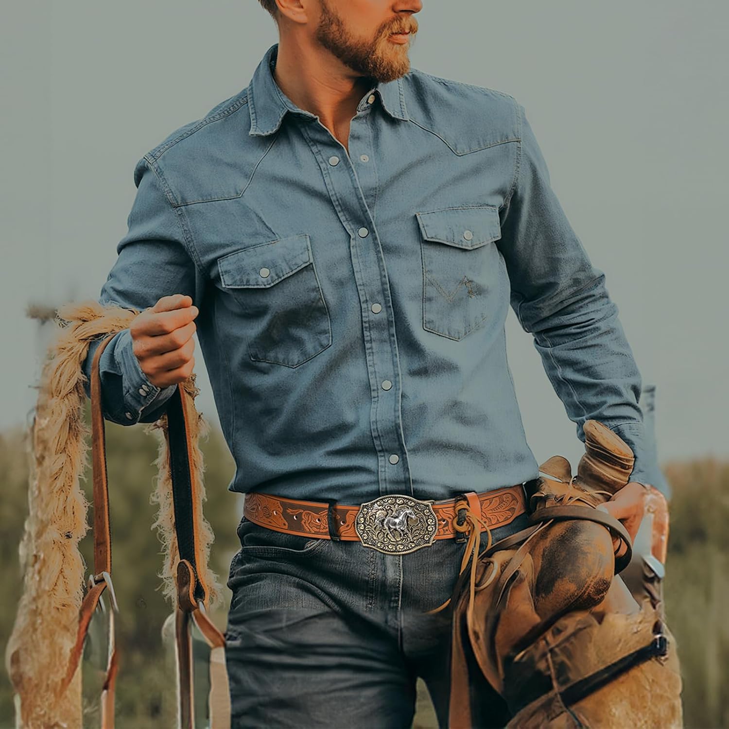 Cowboy Western Belts for Men Woman, Cowboy Cowgirl Belt Embossed Western Country Buckle Leather Belts for Jeans - Image 3