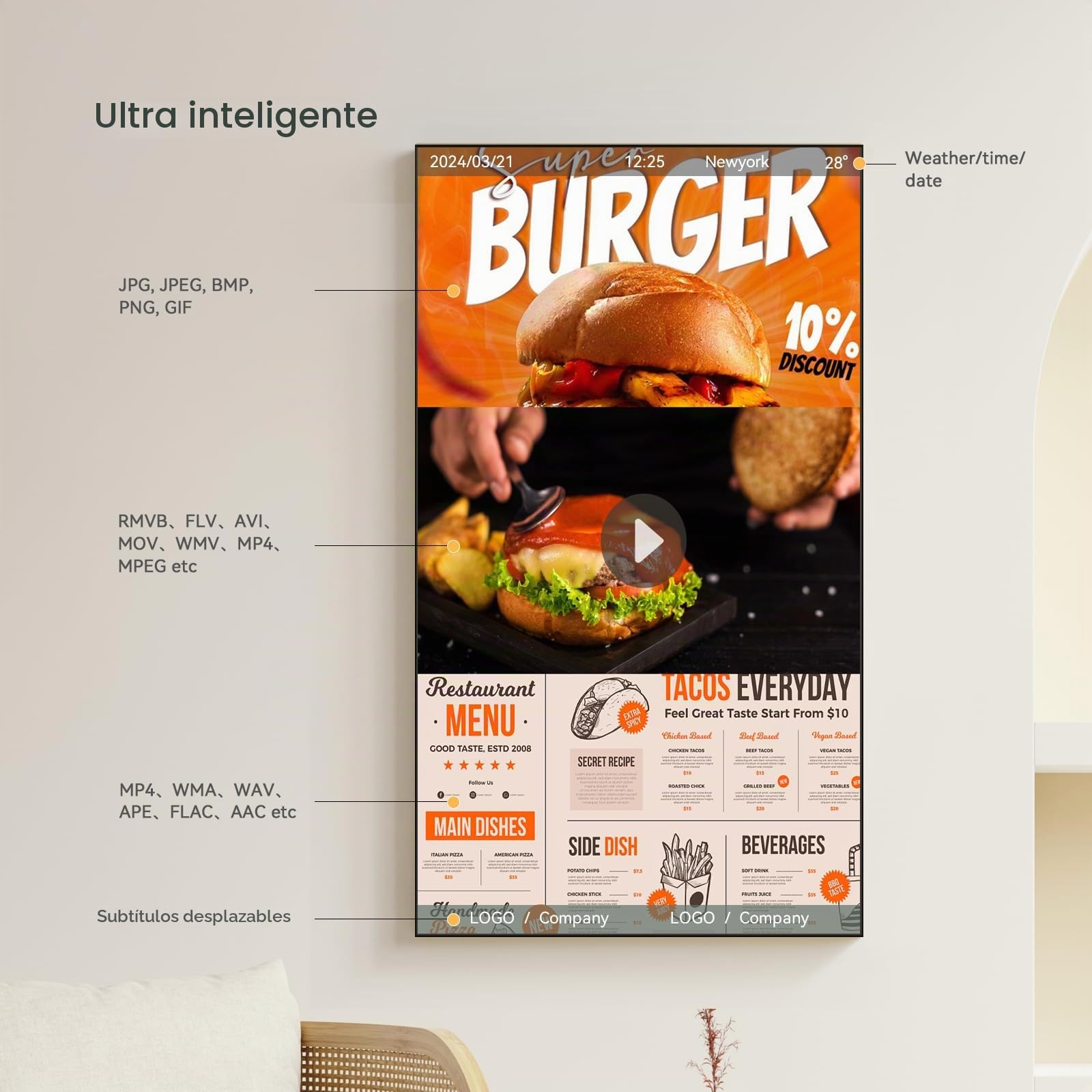 Pantalla Digital Signage 43 Pulgadas 4K UHD, Pantalla Publicitaria Digital de 1000 Nits, Menú Digital Electrónico para Restaurantes, Tiendas y Negocios, Display Comercial con HDMI/WiFi, Negro