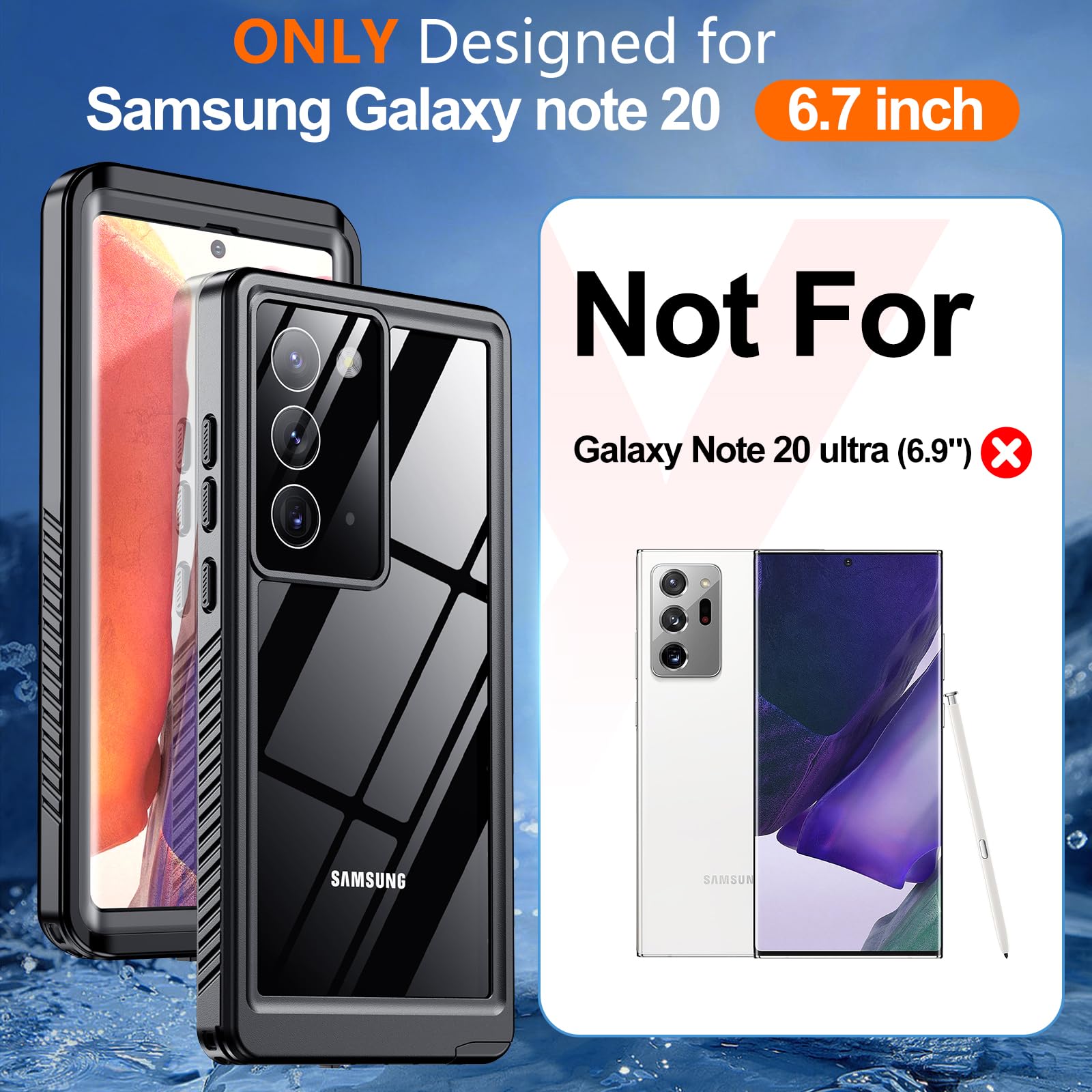 Hualele Handyhülle Schutzhülle für Samsung Galaxy Note 20, wasserdicht, integriertes Objektiv und Displayschutzfolie, robust, Militärqualität, IP68, Unterwasserschutzhülle, Schwarz