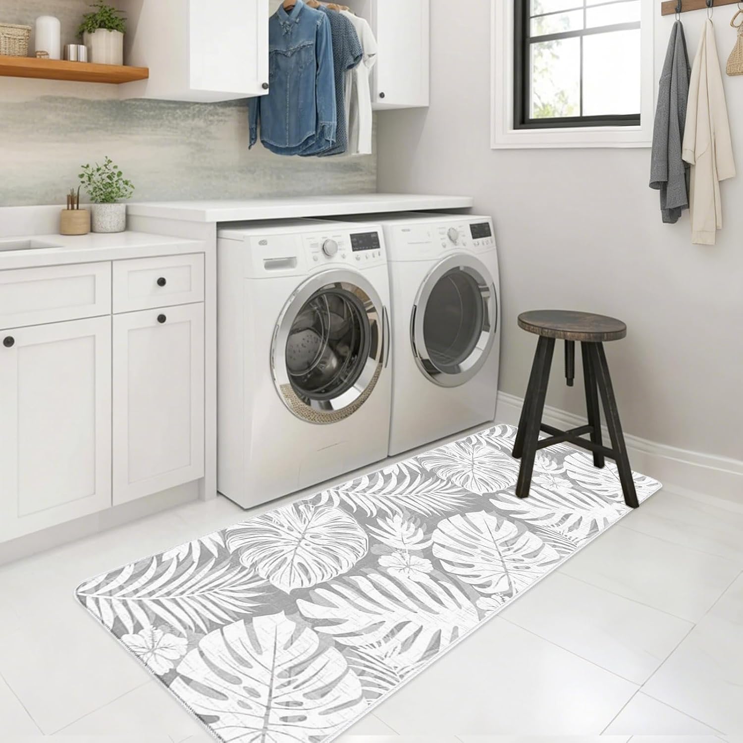 Light Grey Palm Leaves Kitchen Mats Set of 2 Tropical Botanical Modern Minimalist Non Slip Mat Washable Floor Rug for Kitchen Sink Floor Laundry, 15.7"x23.6"+15.7"x47.2"