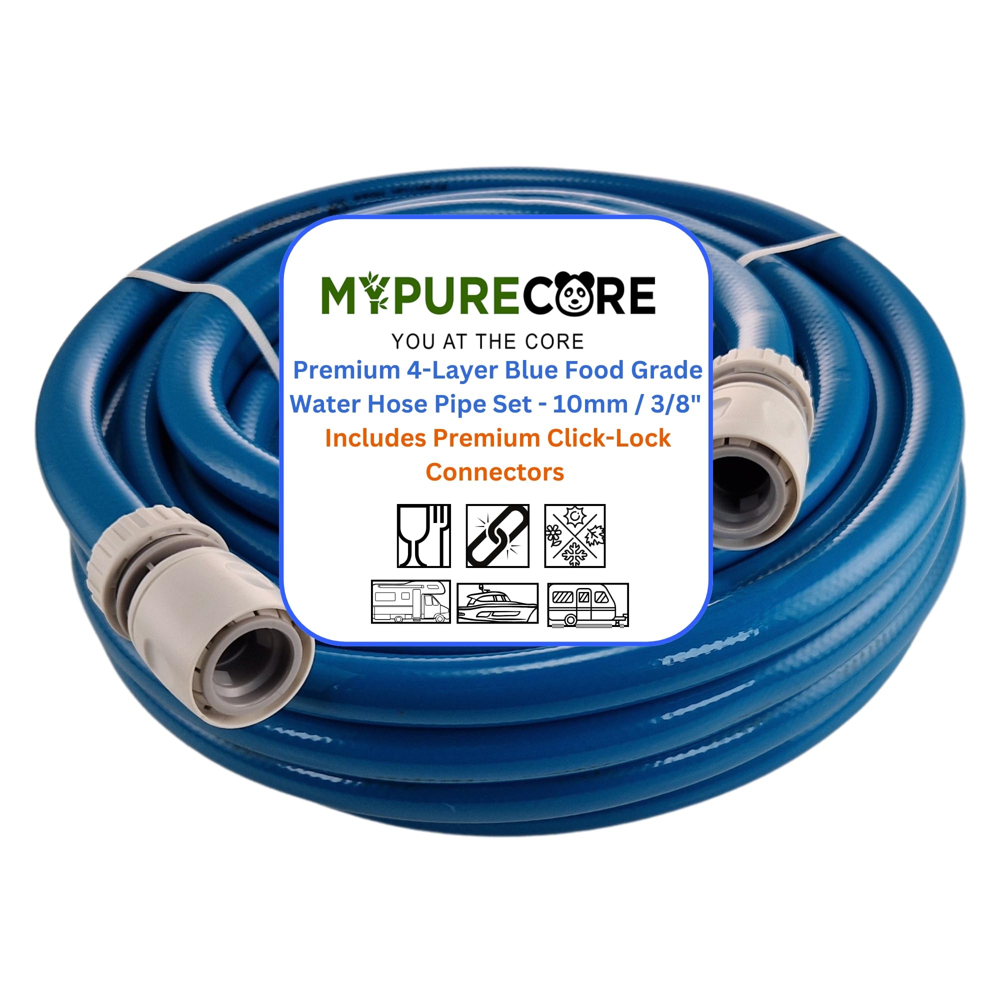 MYPURECORE Blue 10mm 3/8" Cold Water Hose Pipe – Premium Food Grade Drinking Water Hose with Connectors – Flexible PVC Tubing for Caravan, Motorhome, Campervan, Boat & Garden – Non-Toxic & Safe (2m)