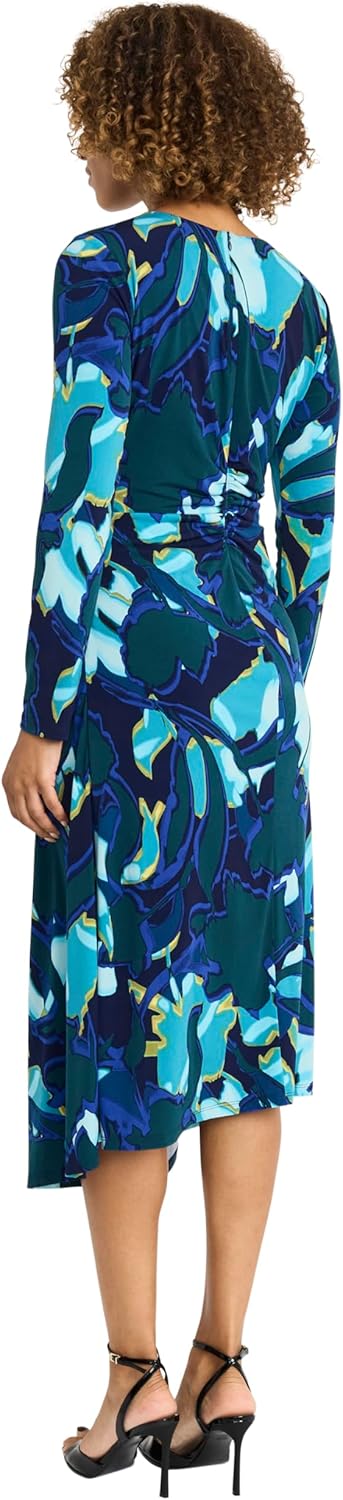 Maggy London Womens Women's Ruched Waist Crew Neck Long Sleeve Asymmetrical Hem - Elegant Midi Length - Wedding Guest Dress - Image 3