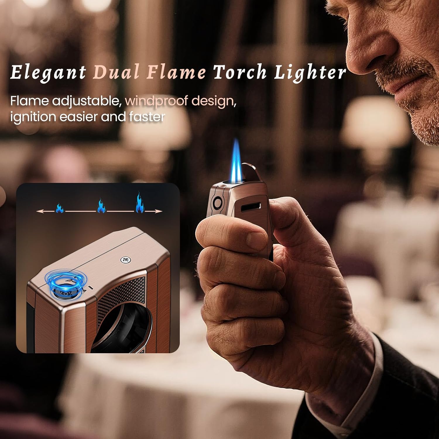 Torch Lighter with Holder, Adjustable Dual Jet Flame Windproof Lighters, All-in-One Butane Refillable Torch Lighters with Accessories, Multi-Function Cool Lighters for Men (Without Gas)