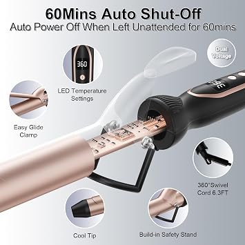 Curling Iron for Salon & Home, 1 Inch Instant Heat Curling Wand for Long Hair, Clipped Large Barrel(7.3 in), Professional 1 in (32mm) Hair Curlers up to 446F, Dual Voltage Travel Waving Tool