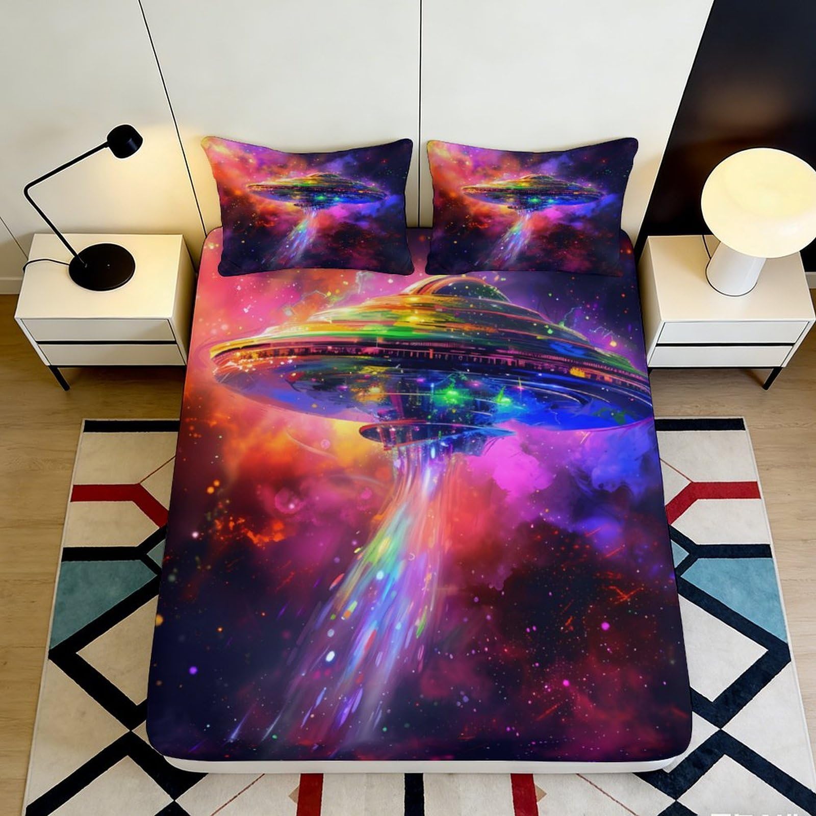 3D Printed UFO Galaxy Fitted Sheet Microfiber Vibrant Nebula Mattress Cover for Bedroom Dorm Decor Easy Care 90x200x25cm