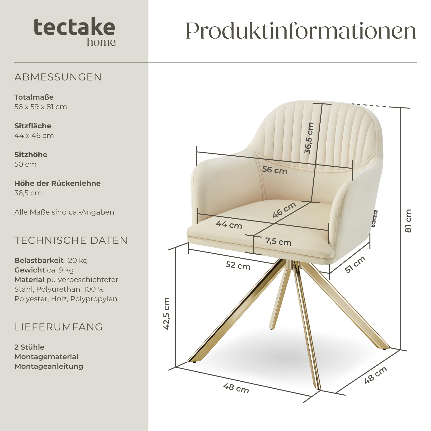 tectake® Esszimmerstuhl drehbar, Armlehnstuhl drehbar, ergonomischer Stuhl Samt, Stühle für Esszimmer, Möbel für Wohnzimmer, Arbeitszimmer, Esstisch, Schminktisch - 2er Set - Creme/Gold