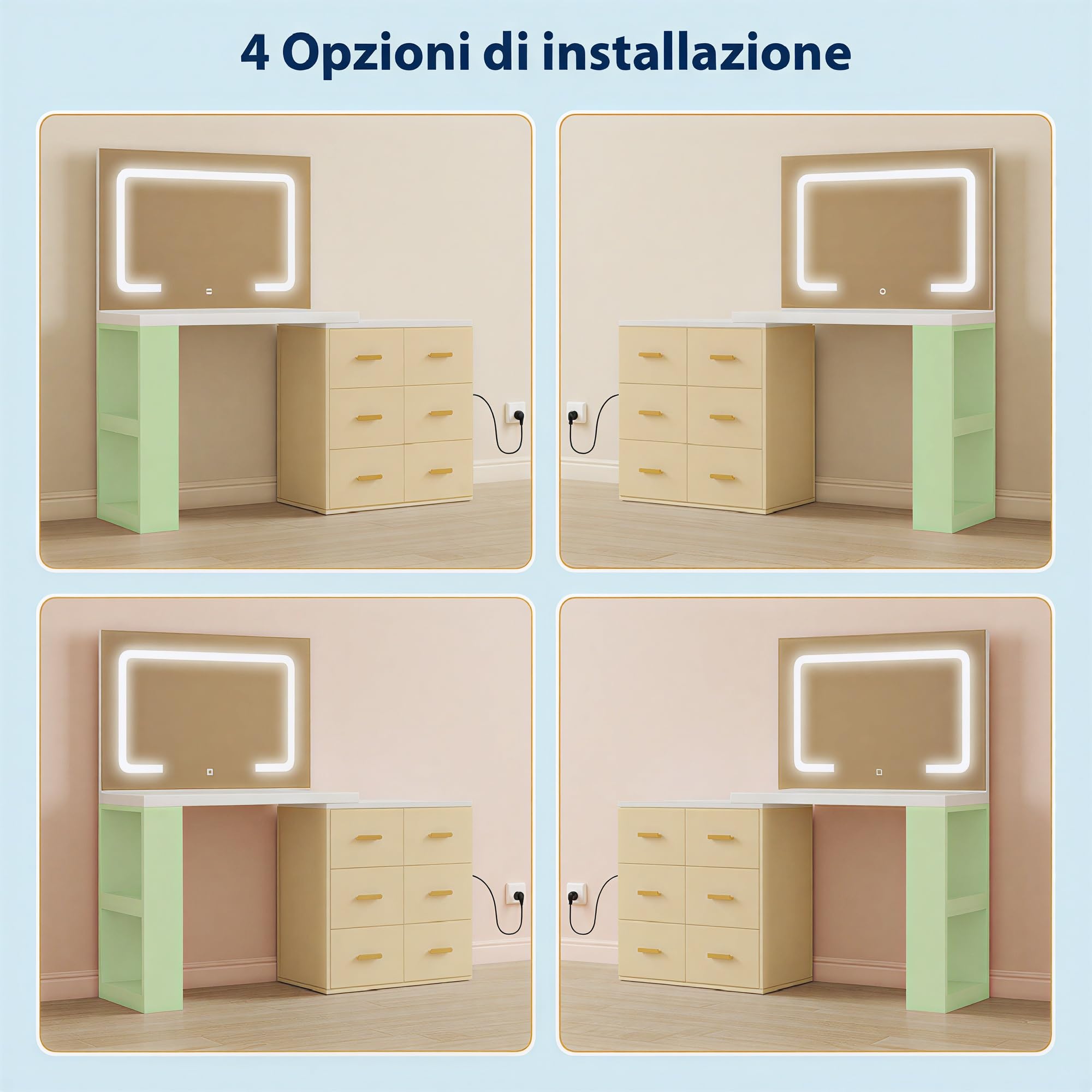 HOMCOM Postazione Trucco con Luci LED 3 Colori a L o Affiancata Bianco | Luminosità Regolabile, Toeletta Trucco, Prese Elettriche, Cassetti Soft Close, Ripiani, Specchio, per Camera da Letto