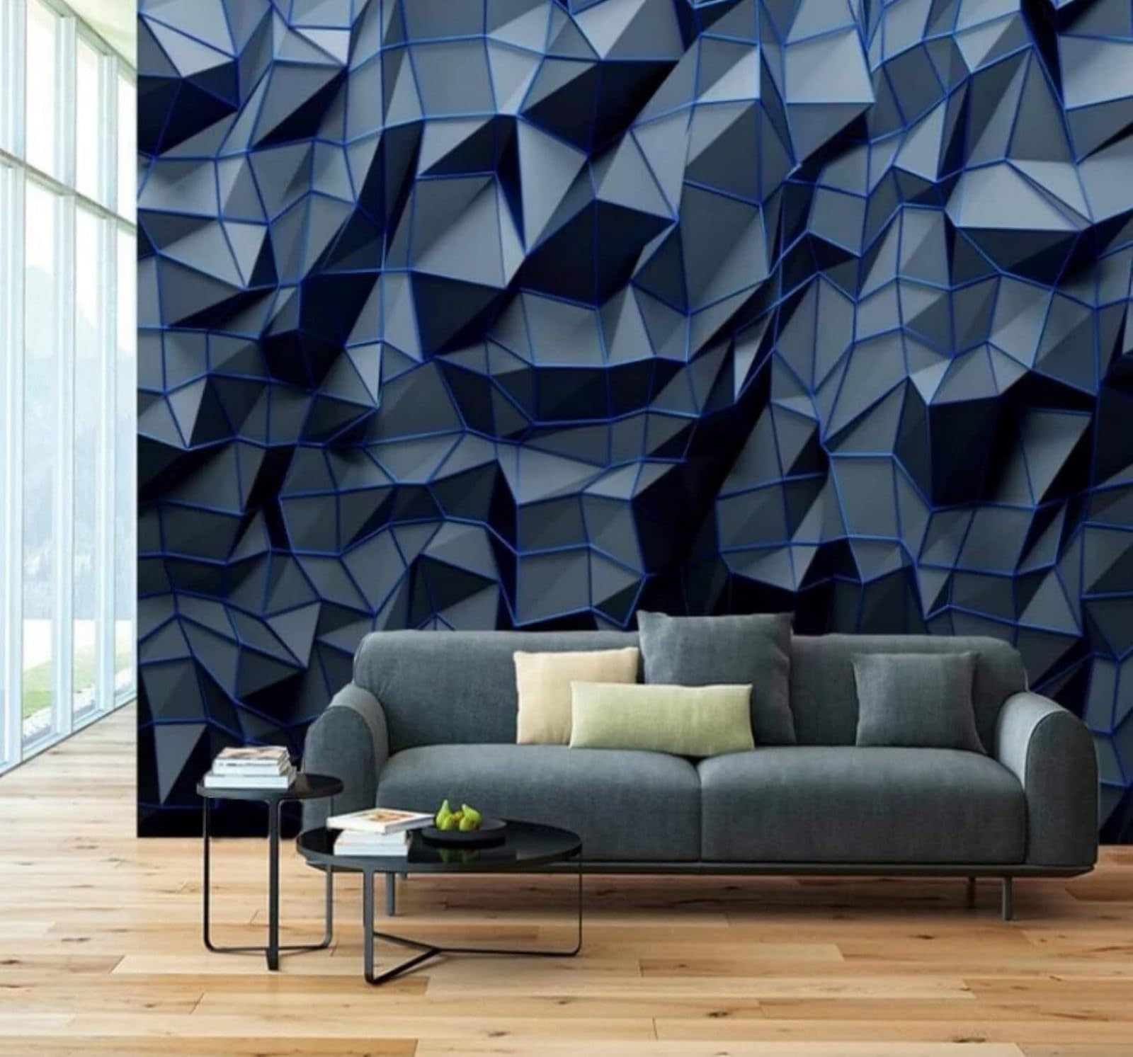 XLMING Abstract Three Dimensional Blue Geometric Polygon 3D Wallpaper Luxury Silk Study Dining Feature Sofa Grey Bedroom Living Room Tv Decorative Wall-200cm×140cm