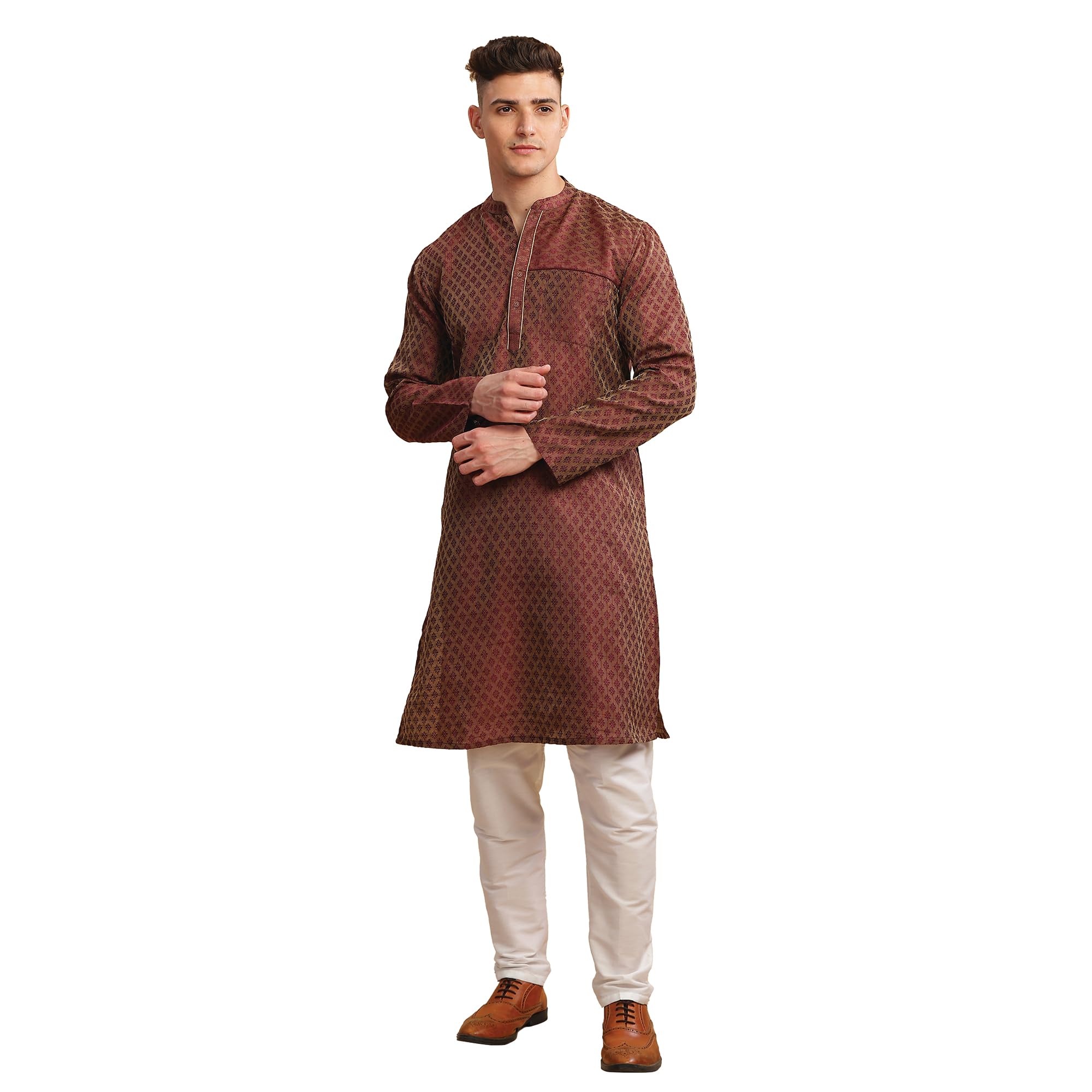 Men’s Brown Poly Cotton Full Sleeve Jacquard Long Kurta | Regular Fit with Mandarin Collar & Button Closure | Knee Length-image-12