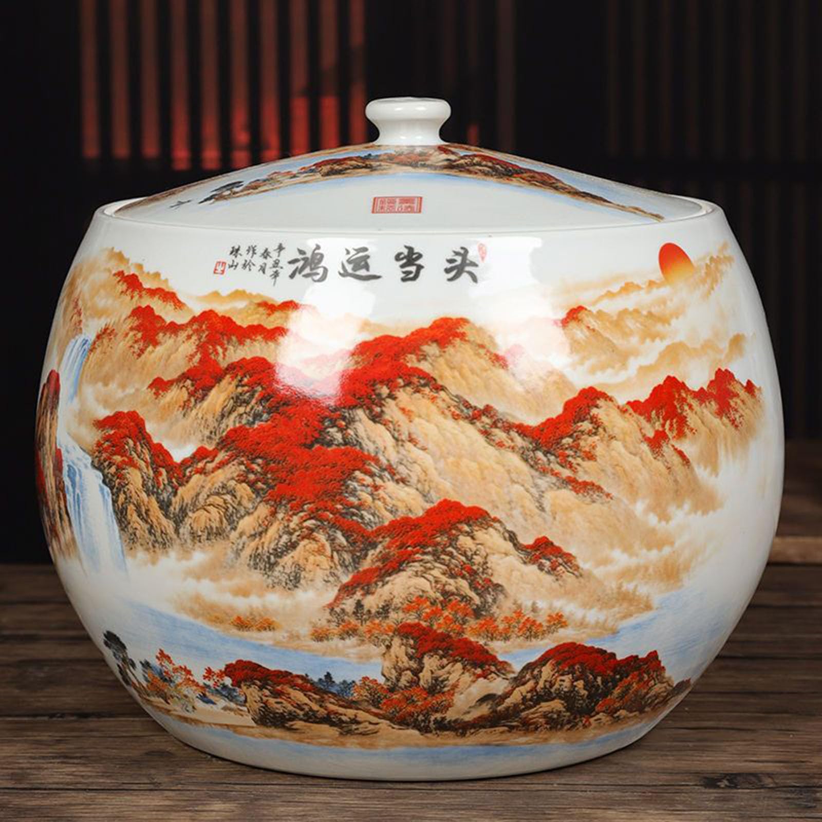 Chinese ceramic rice jar, ceramic rice jar with lid, ceramic rice bucket, household ceramic rice container, grain dispenser, airtight ceramic rice bin, airtight storage container for food storage