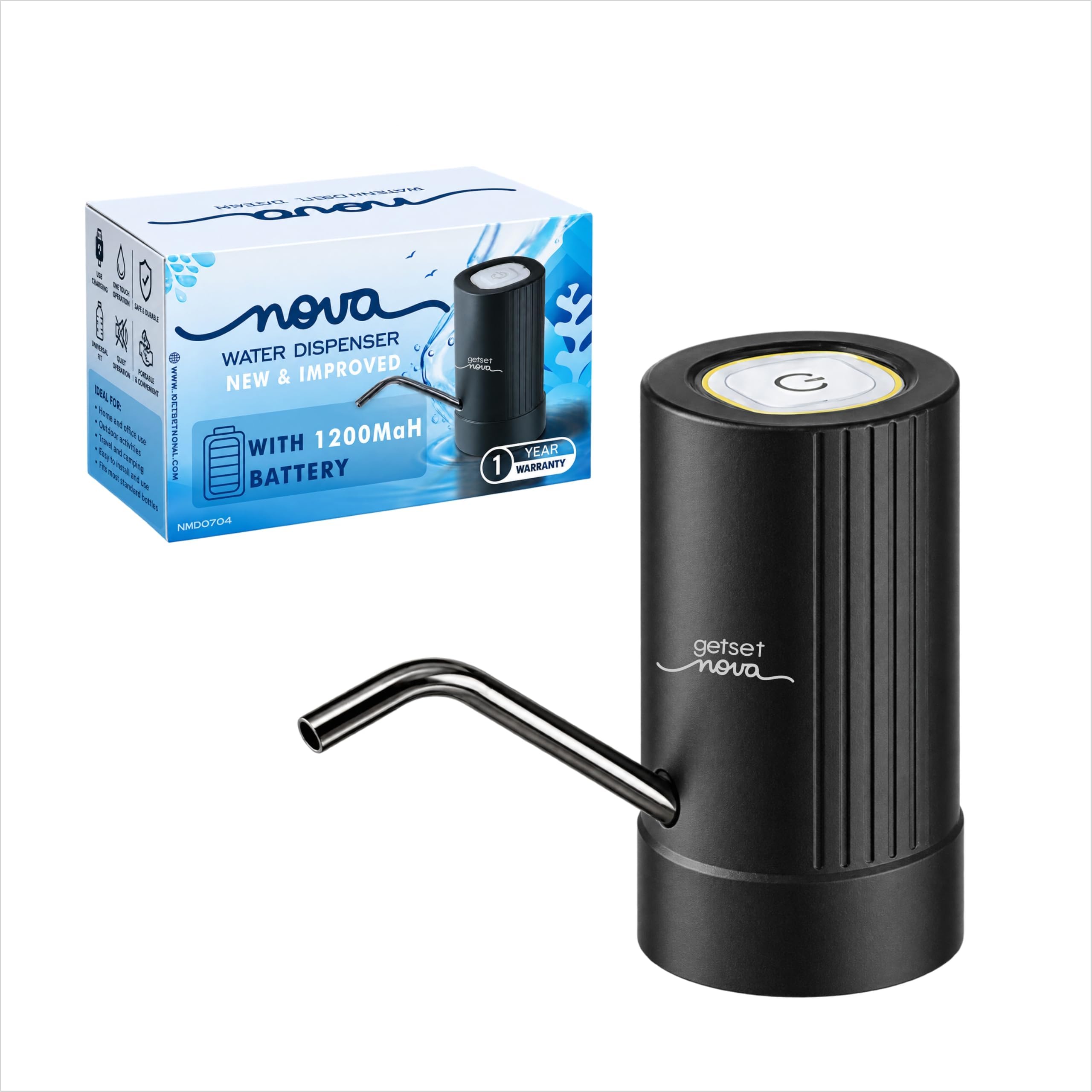 GetSetNova Automatic Electric Water Dispenser Pump for 20 Litre Bottle Portable Water Pump Dispenser for Home, Office, and Outdoors | 1200 mAh C-Type Fast Charging Battery (Black)