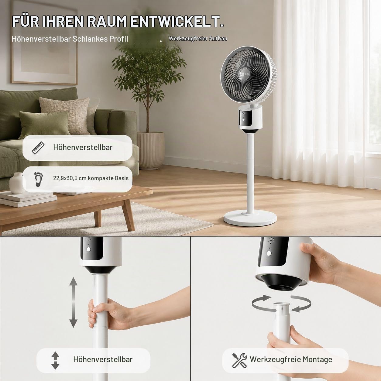 Standventilator für Schlafzimmer – 2026 Verbesserter Ganzraum-Luftzirkulator, 90° oszillierender Sockel, 27,4 m Luftstrom, 30 dB leises DC-Motorkühlgerät, 3 Geschwindigkeiten, USB, verstellbare Höhe