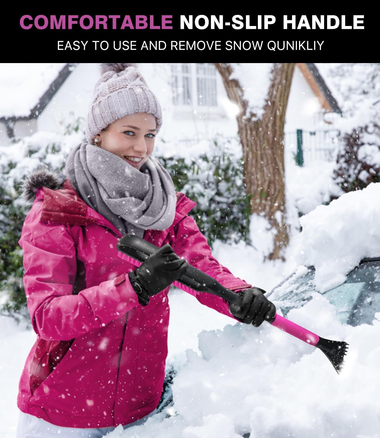YeewayVeh 35 inch Snow Brush and Ice Scraper for Car Windshield, Extendable Snow Brush for Car with Soft Grip & Additional Handhold, 2 in 1 Detachable Snow Scraper for Car Truck SUV Vehicle, Magenta