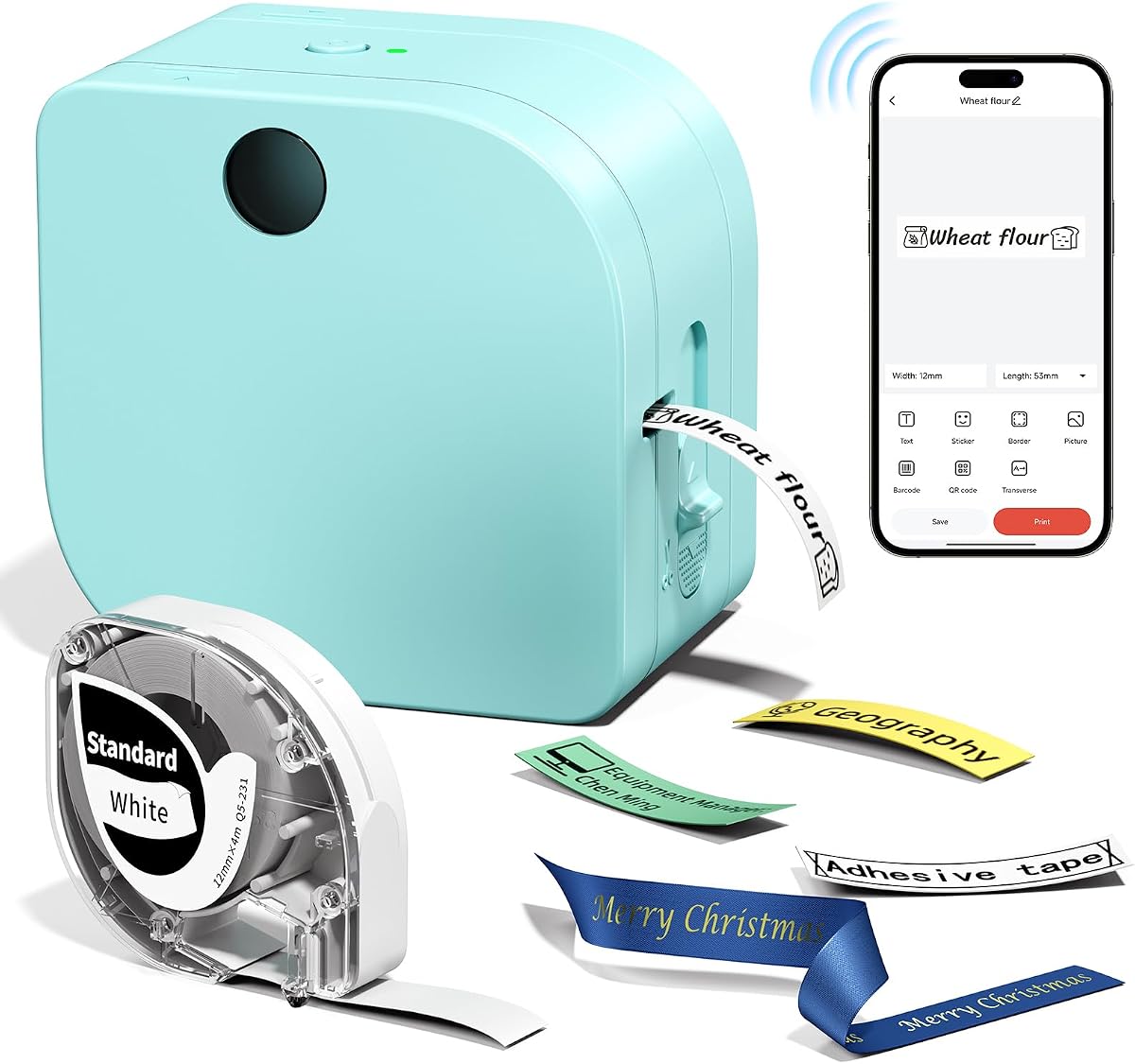 Phomemo Label Maker Machine with Tape, P12 Bluetooth Mini Label Makers Thermal Transfer Ribbon Printer Machine with Typewriters Templates for Home, School, Clothes, Gift Wrapping, Office, Green