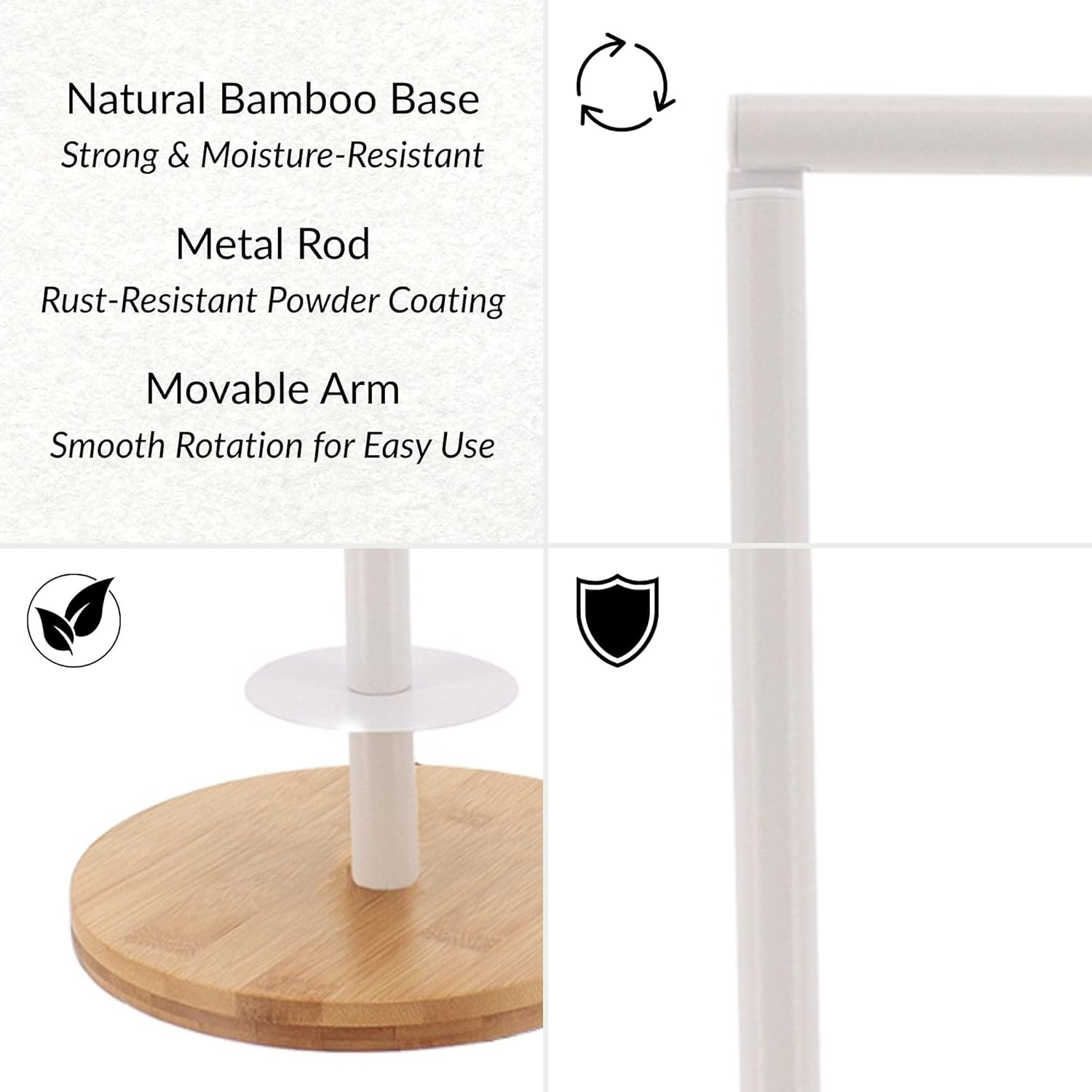 White Freestanding Toilet Paper Holder Stand with Bamboo Base
