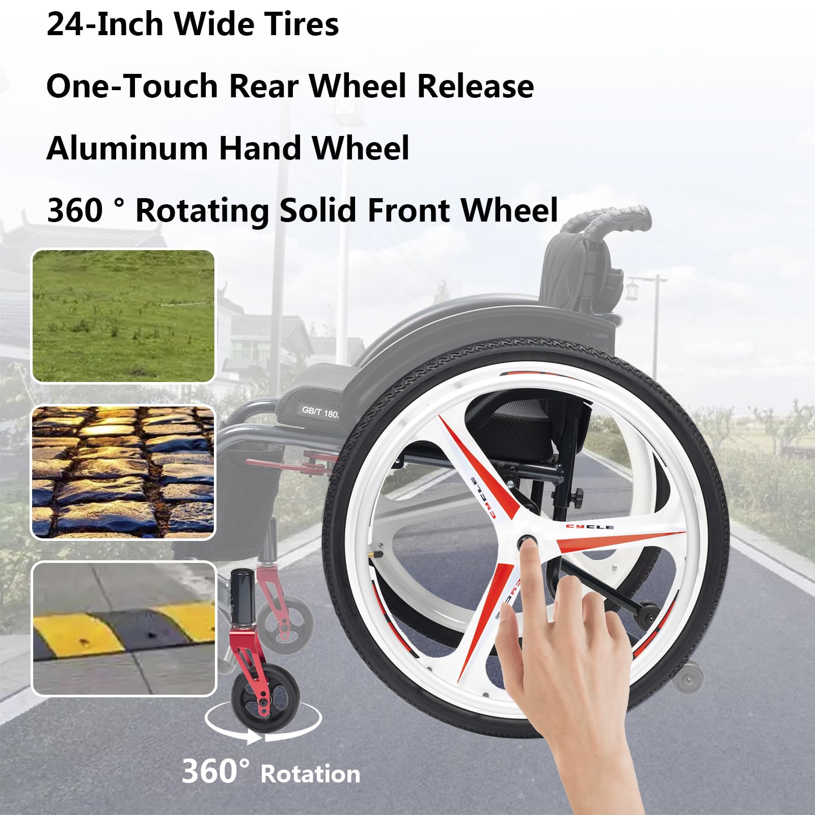 Lekki samojezdny wózek inwalidzki, aluminiowe krzesło transportowe przenośne, hamulec ręczny, do podróży, dla dorosłych (40cm/15.7in Seat)