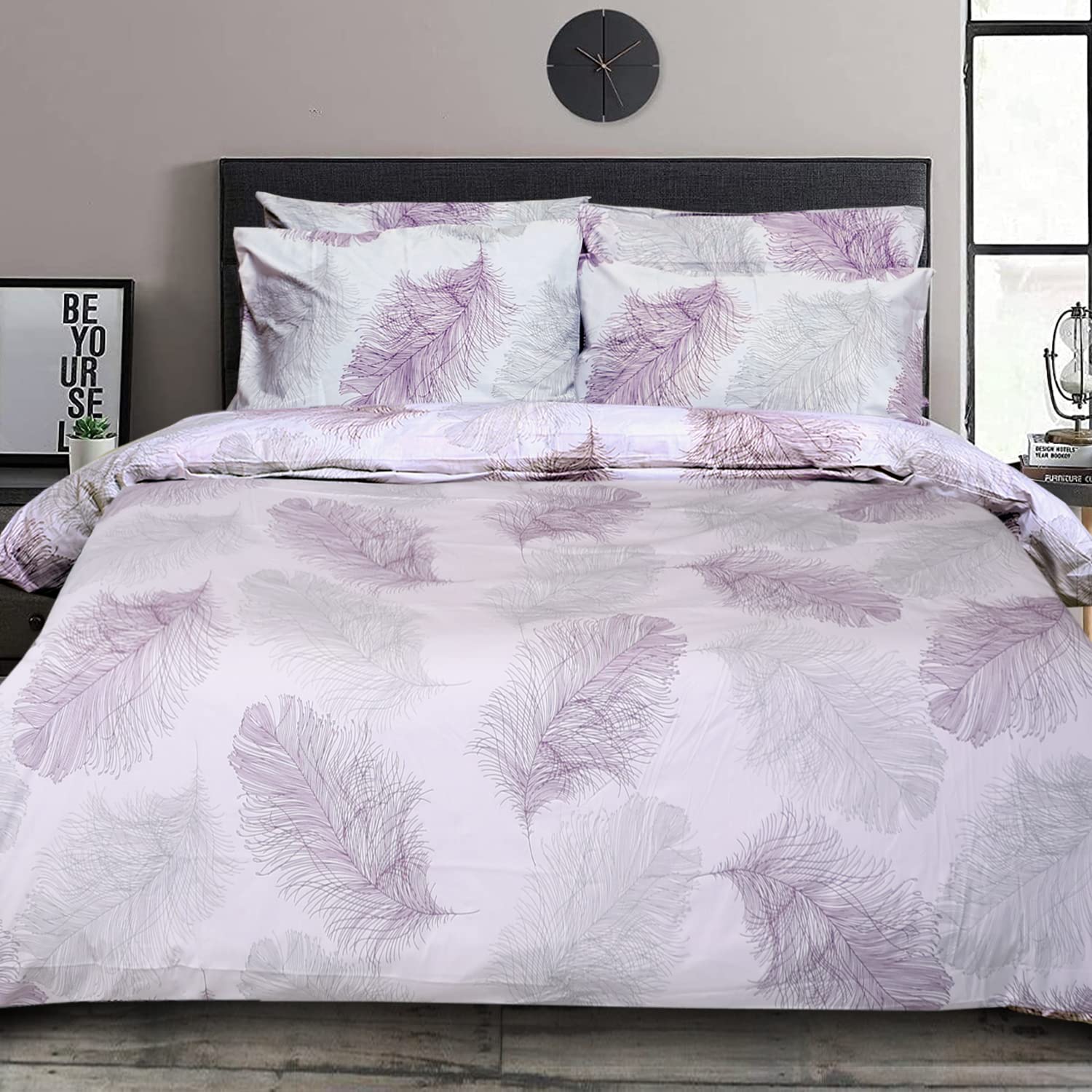 Cotton Comfort Bedding & Linen 3PCS Double Duvet Cover Set 100% Egyptian Cotton Bedding Double Bed Set 400 Thread Count Floral Printed Soft Leaves Duvet Cover Double with Pillow Cases 2 Pack
