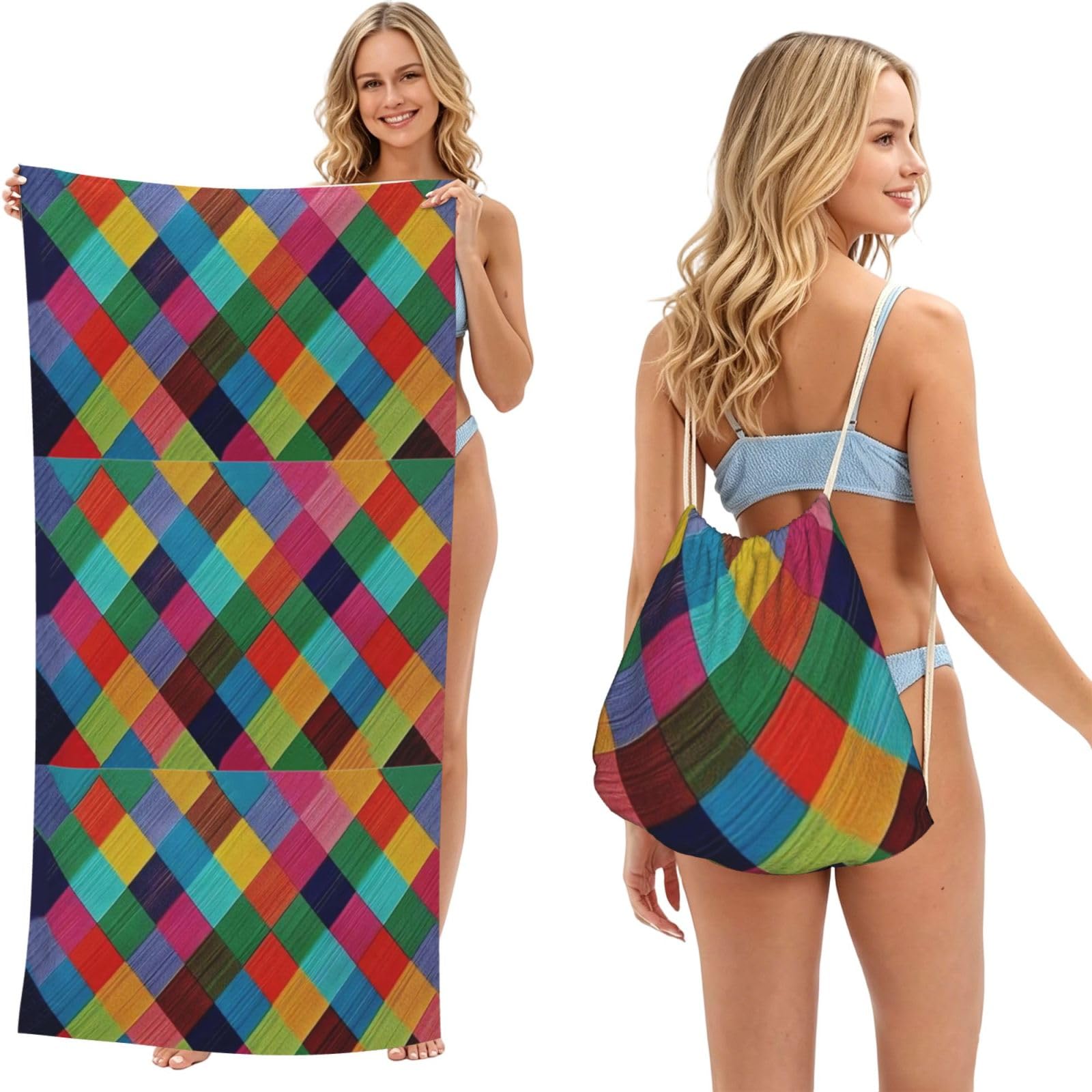 Poadnly As Picture Colorful Plaid Flannel, 2 In 1 Packable Towel Bag, Beach Towels With Drawstring Backpack For Travel Holiday Camping